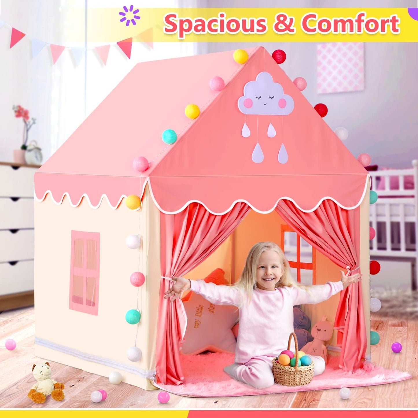 SISTICKER Kids Play Tent – Large Pink Princess Castle for Indoor & Outdoor Play