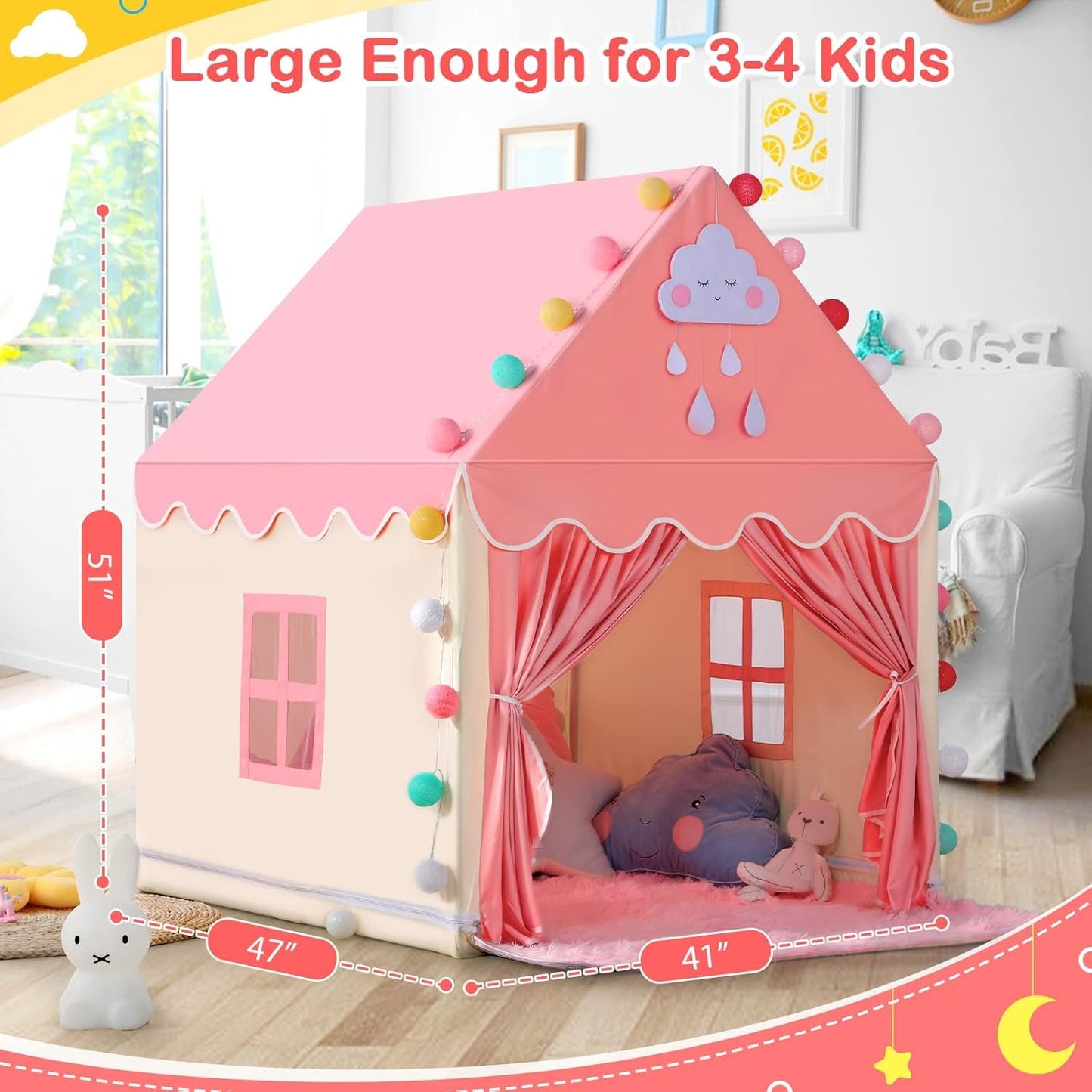 SISTICKER Kids Play Tent – Large Pink Princess Castle for Indoor & Outdoor Play