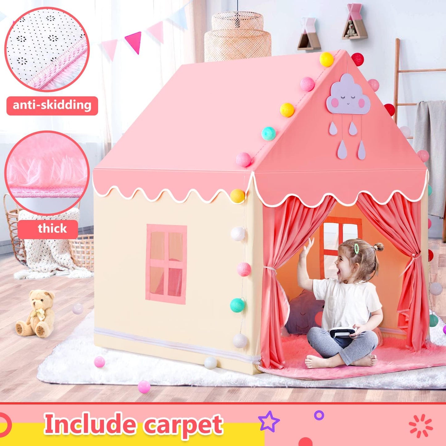 SISTICKER Kids Play Tent – Large Pink Princess Castle for Indoor & Outdoor Play
