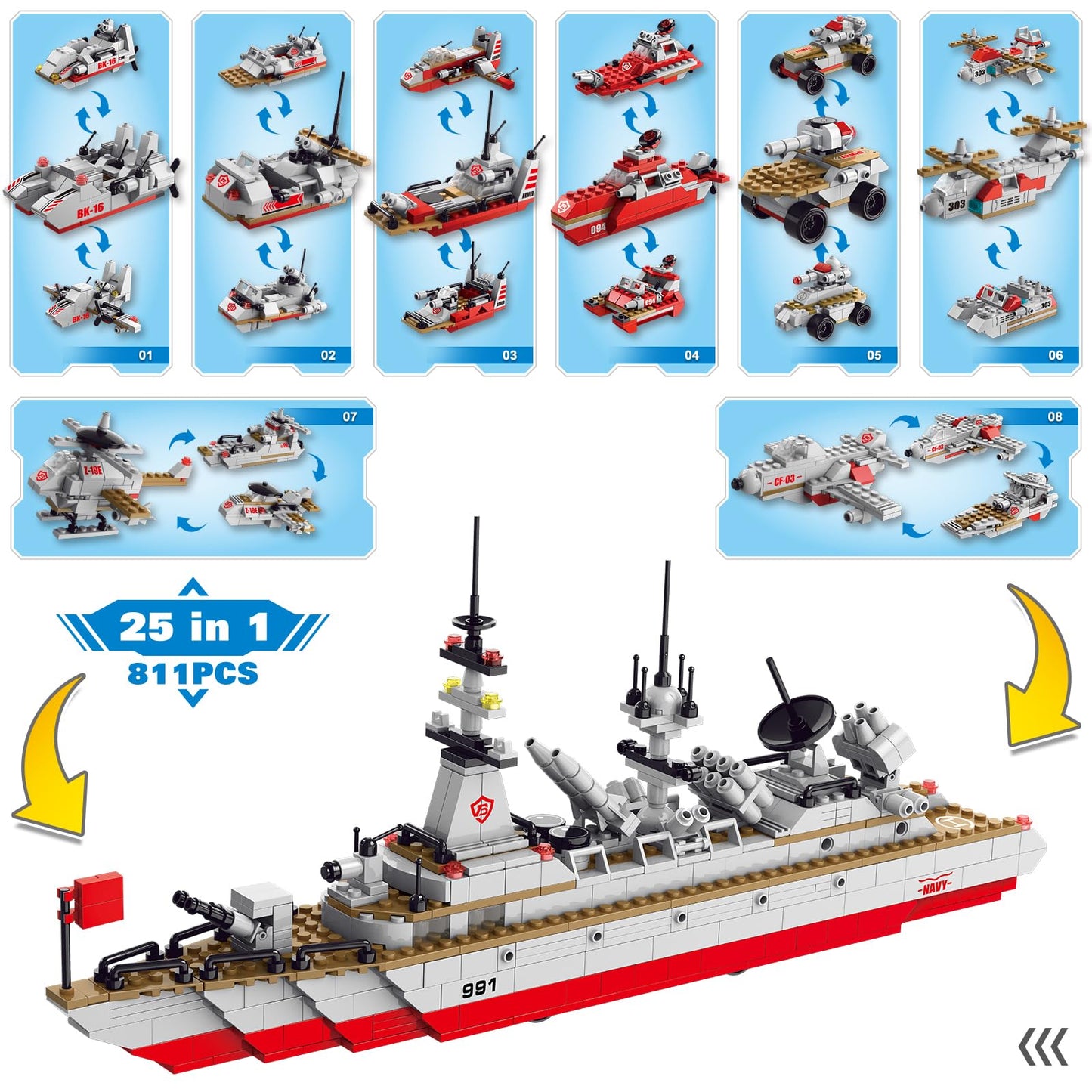 Sitodier Military Battleship Building Block Set – 811 Pieces, 25 Models, STEM Warship Kit for Kids 6-14