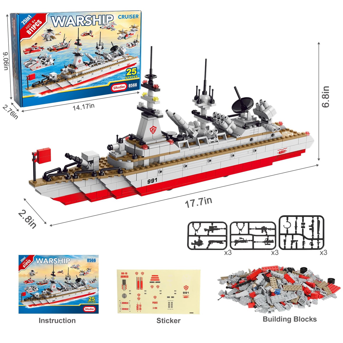 Sitodier Military Battleship Building Block Set – 811 Pieces, 25 Models, STEM Warship Kit for Kids 6-14