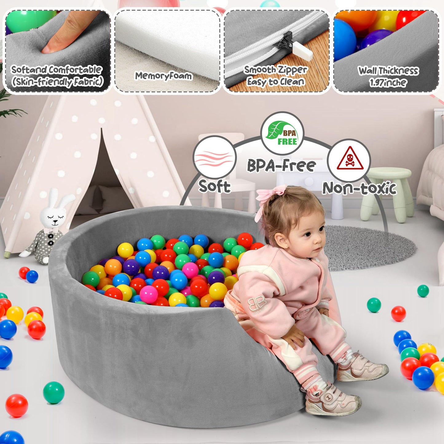 SIUUHOVS Foam Baby Ball Pit — 35.4 x 11.8 in Soft Memory Foam Play Space for Toddlers