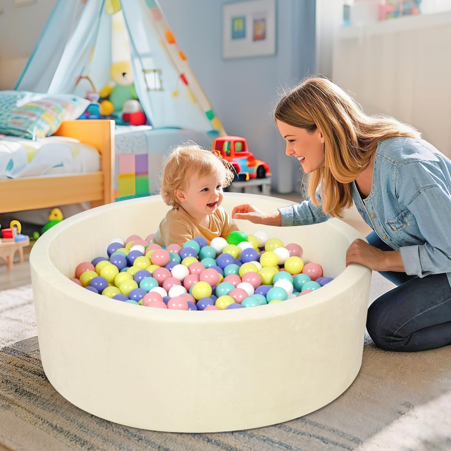 SIUUHOVS Foam Baby Ball Pit – Apricot Yellow, 35.4-inch Diameter, Soft Memory Foam