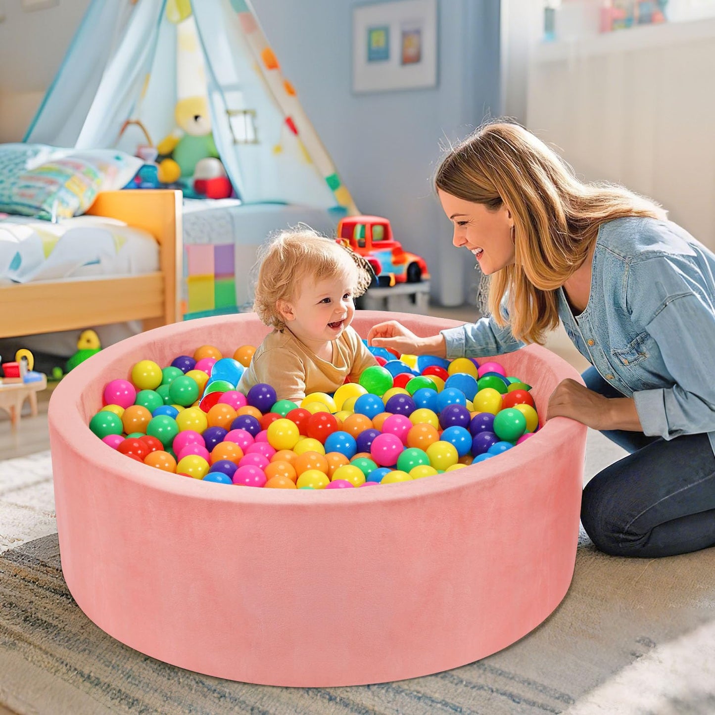 SIUUHOVS Foam Baby Ball Pit – 35.4 x 11.8 in, Memory Foam Padding, Velvet Cover, Indoor Toddler Play