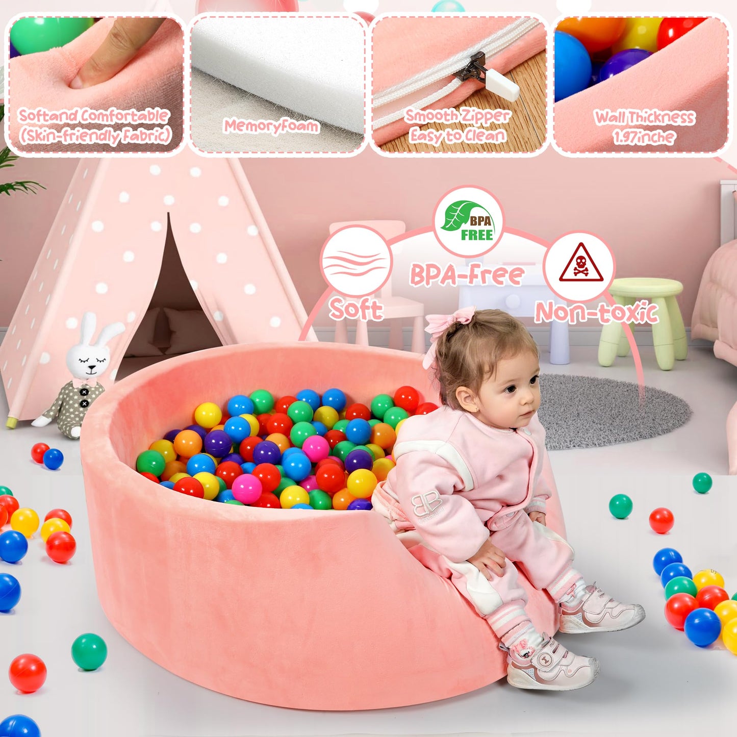 SIUUHOVS Foam Baby Ball Pit – 35.4 x 11.8 in, Memory Foam Padding, Velvet Cover, Indoor Toddler Play