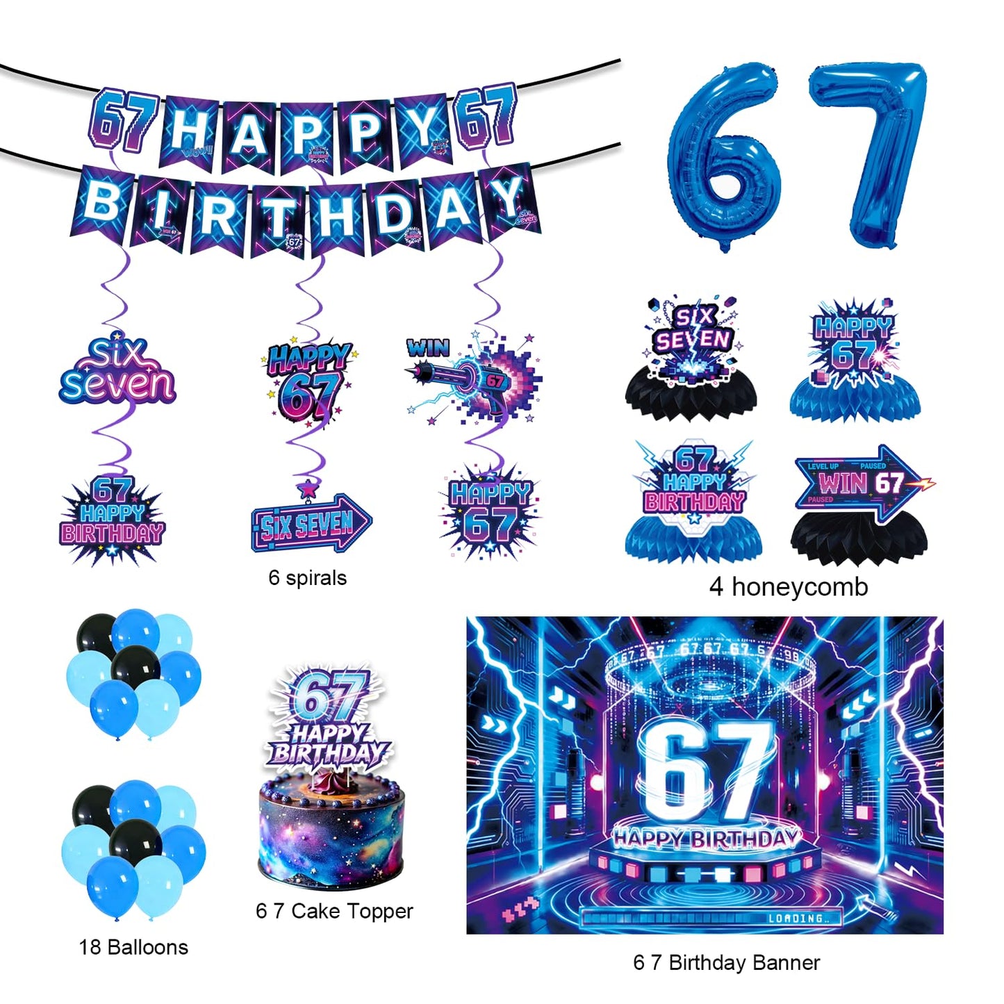 6 7 Birthday Decorations | Six Seven Neon Cyberpunk Party Supplies for Kids
