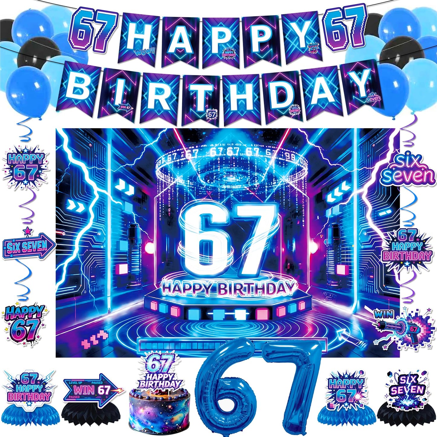 6 7 Birthday Decorations | Six Seven Neon Cyberpunk Party Supplies for Kids