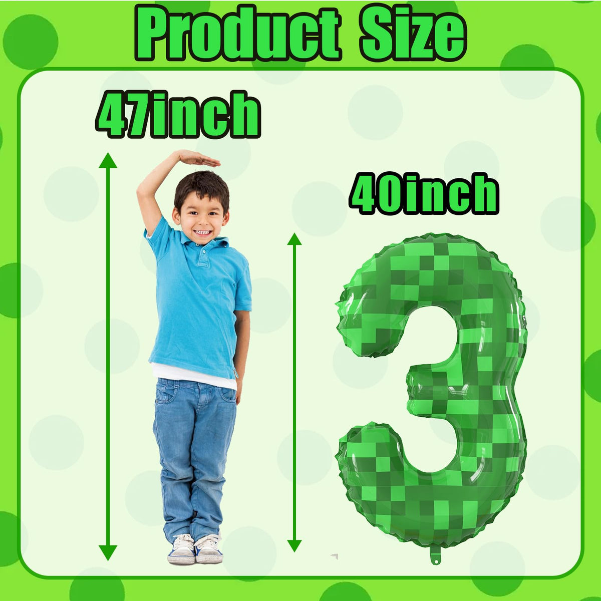 SIXONEAIEN 40-Inch Giant Green Pixel Miner Number Balloon – Digit 3 Party Decor