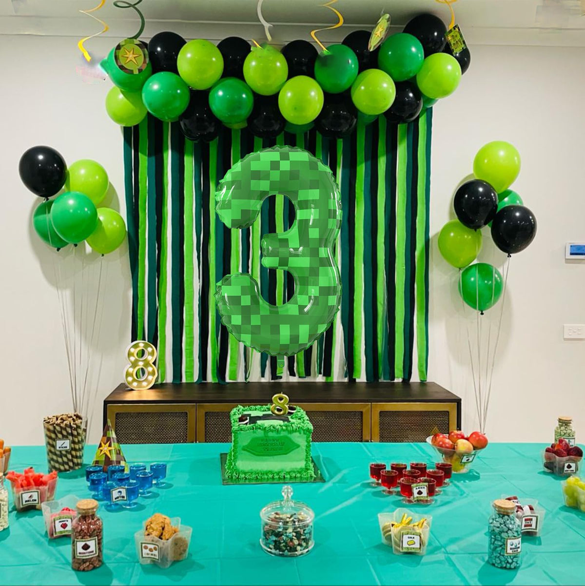 SIXONEAIEN 40-Inch Giant Green Pixel Miner Number Balloon – Digit 3 Party Decor