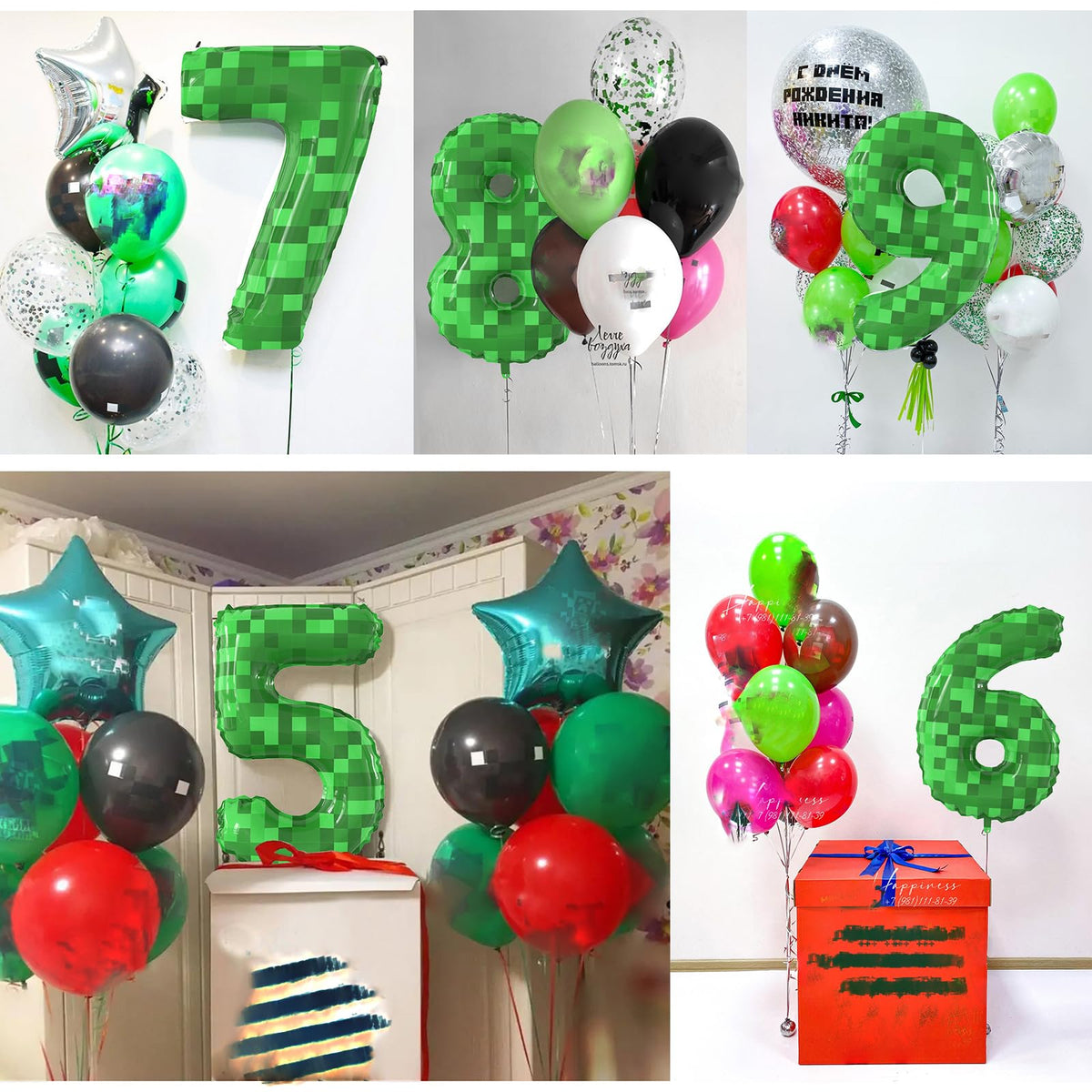 SIXONEAIEN 40-Inch Giant Green Pixel Miner Number Balloon – Digit 3 Party Decor