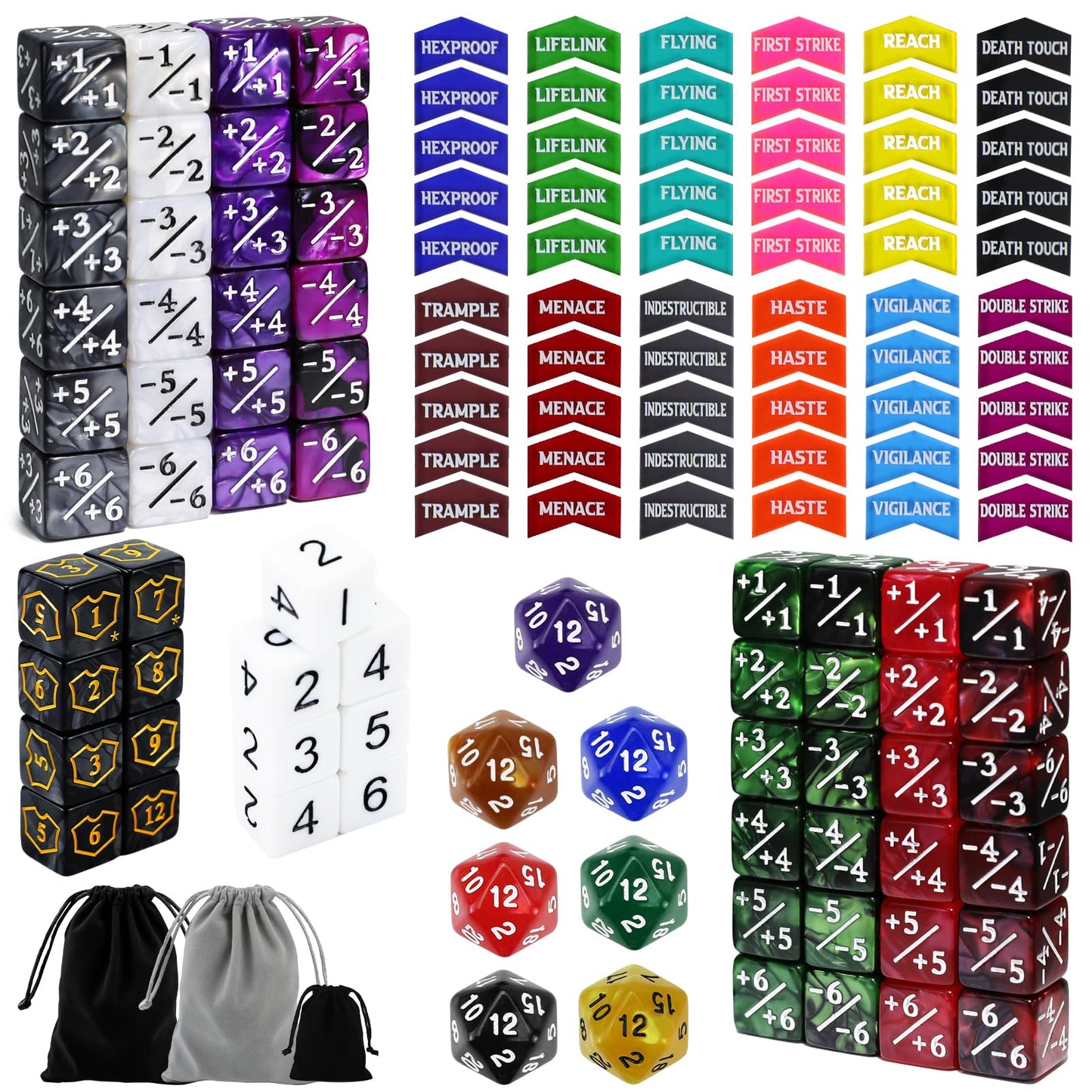 SIXPOINTS 130-Piece MTG Counter Dice Set – Life Counters, Tokens & D20 Dice