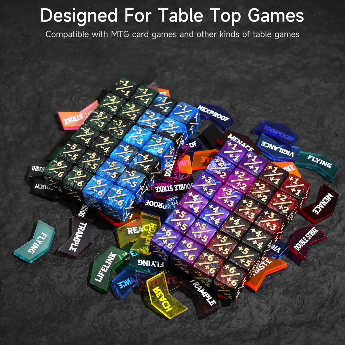 SIXPOINTS 108Pcs MTG Tokens & 6-Sided Dice Set – 12mm Counters & 60 Keyword Tokens