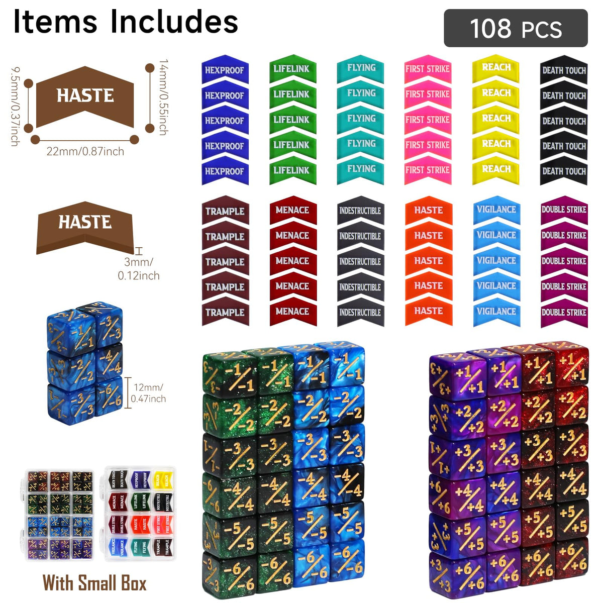 SIXPOINTS 108Pcs MTG Tokens & 6-Sided Dice Set – 12mm Counters & 60 Keyword Tokens