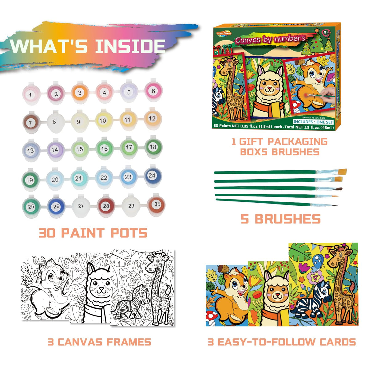 Sixth Space Paint by Numbers Kit for Kids 4-8 — Framed Canvas, 30 Paint Pots, 5 Brushes
