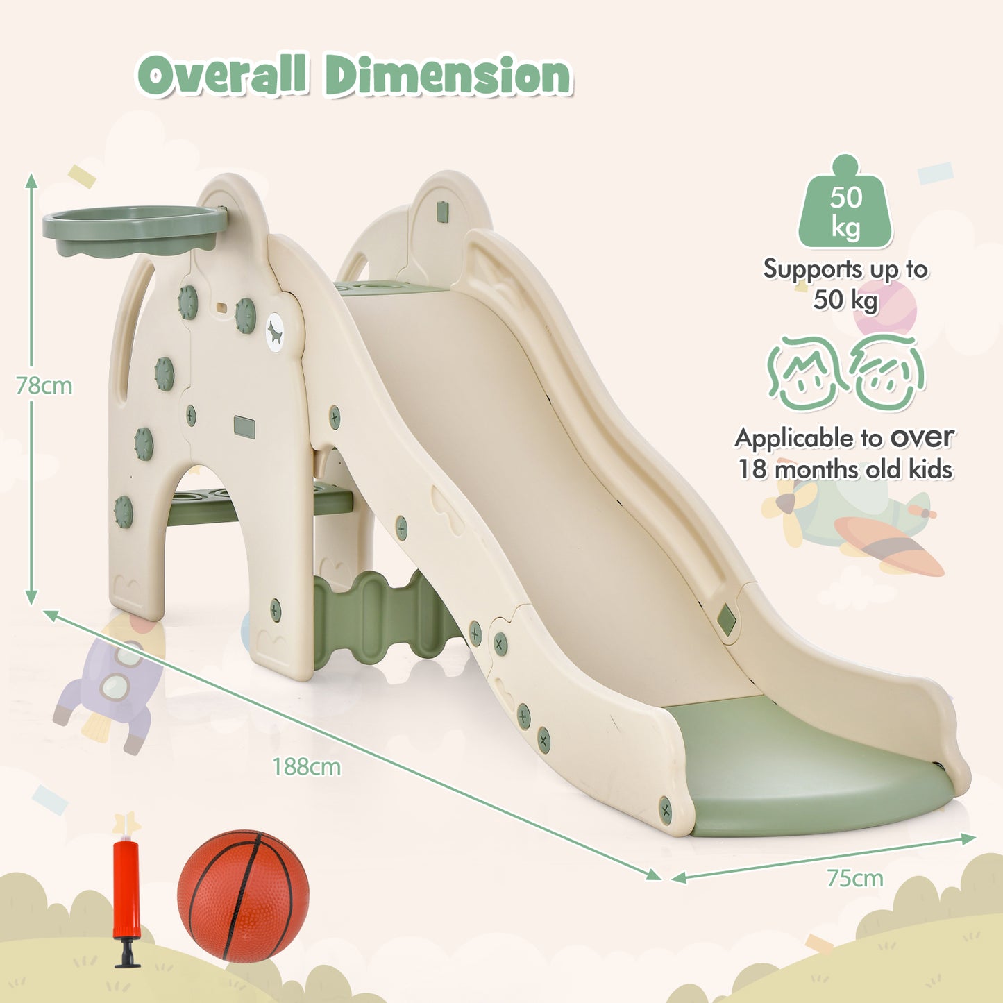 Kids Play Slide with Cute Elephant Shape and Basketball Hoop-Green