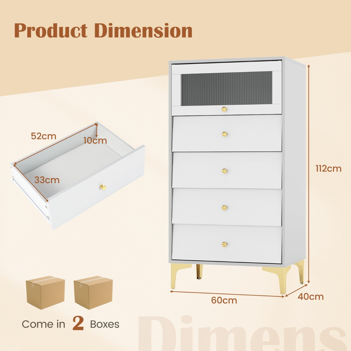 3/4 Drawer Dresser Cabinet with Flip Up Fluted Glass Door-3 Drawers
