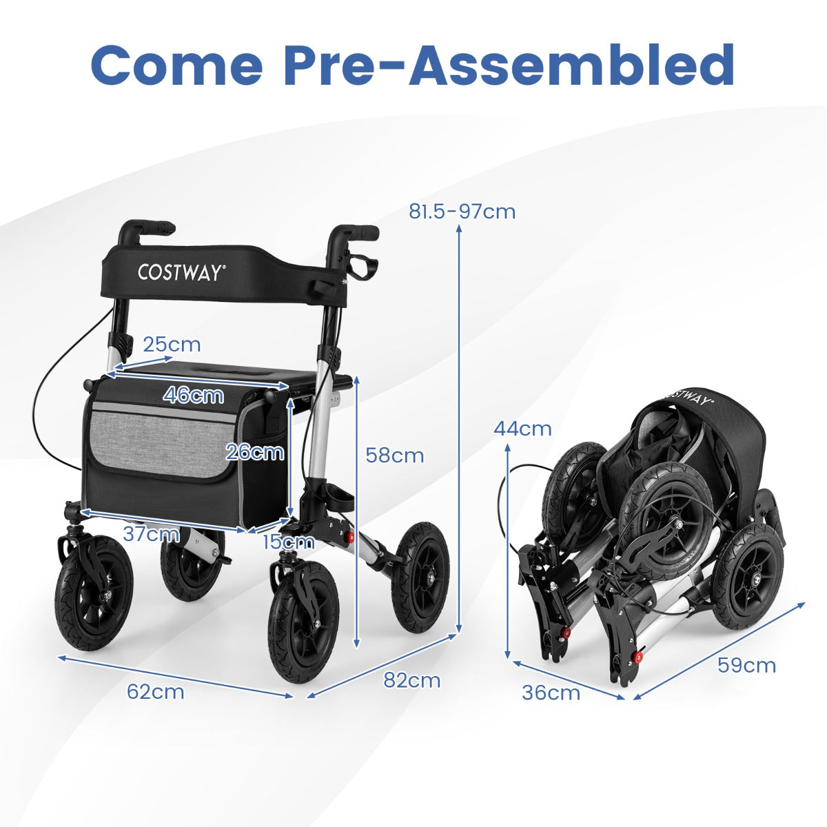 Walker for Seniors with Seat Folding Rollator Walker with Pneumatic Tires-Black