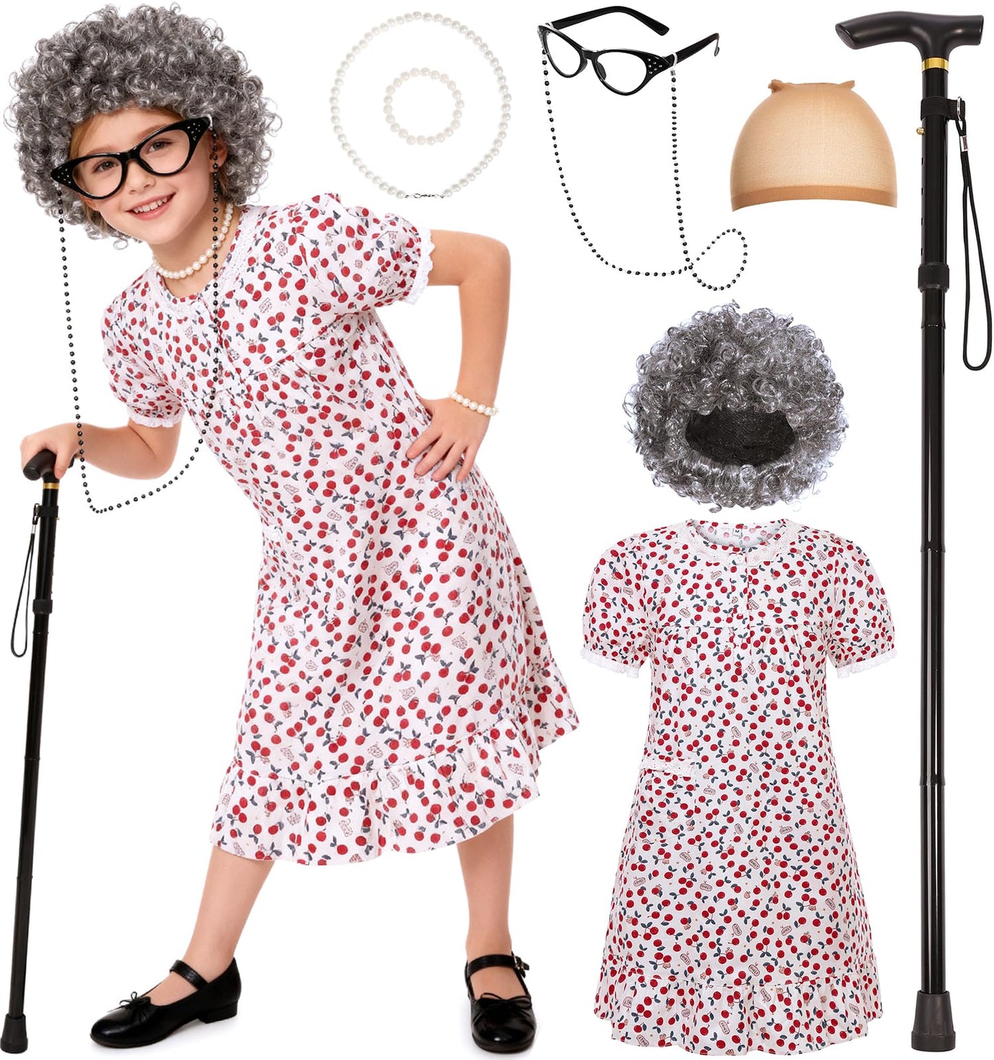 SIZGAROOT Old Lady Costume for Girls (5-6, 7-8, 9-10) – 100 Days of School & Halloween Dress-Up