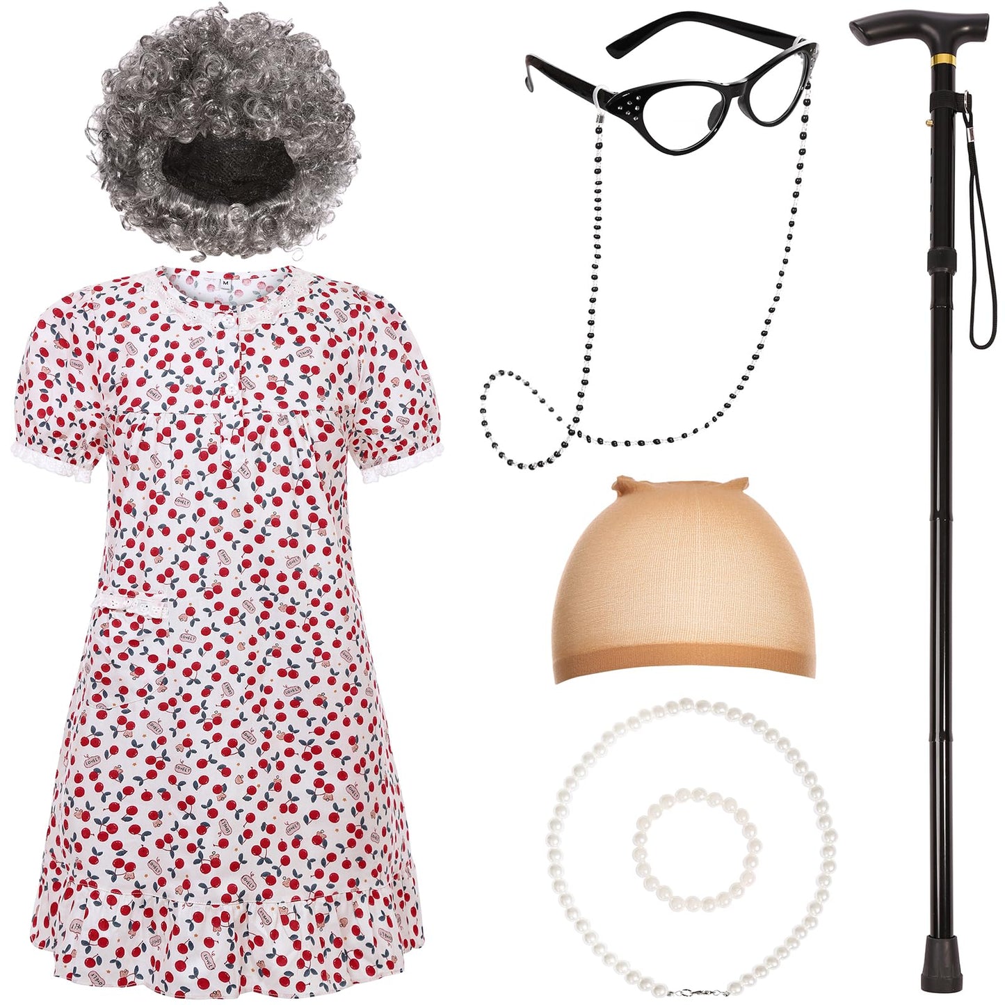 SIZGAROOT Old Lady Costume for Girls (5-6, 7-8, 9-10) – 100 Days of School & Halloween Dress-Up