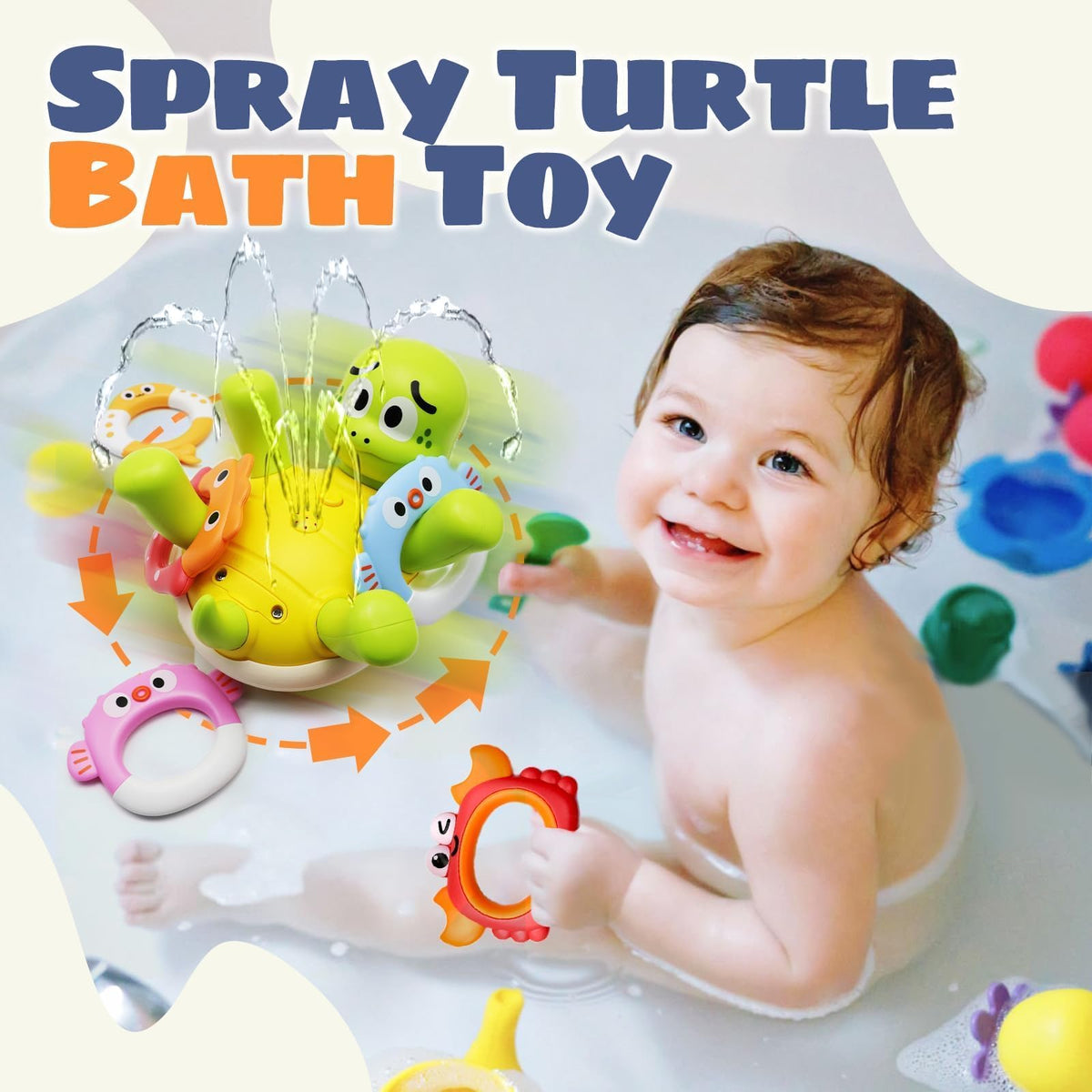 Sizobi Rechargeable Turtle Bath Toy with 5 Rings – Sprayer for Toddlers (Ages 1-3)