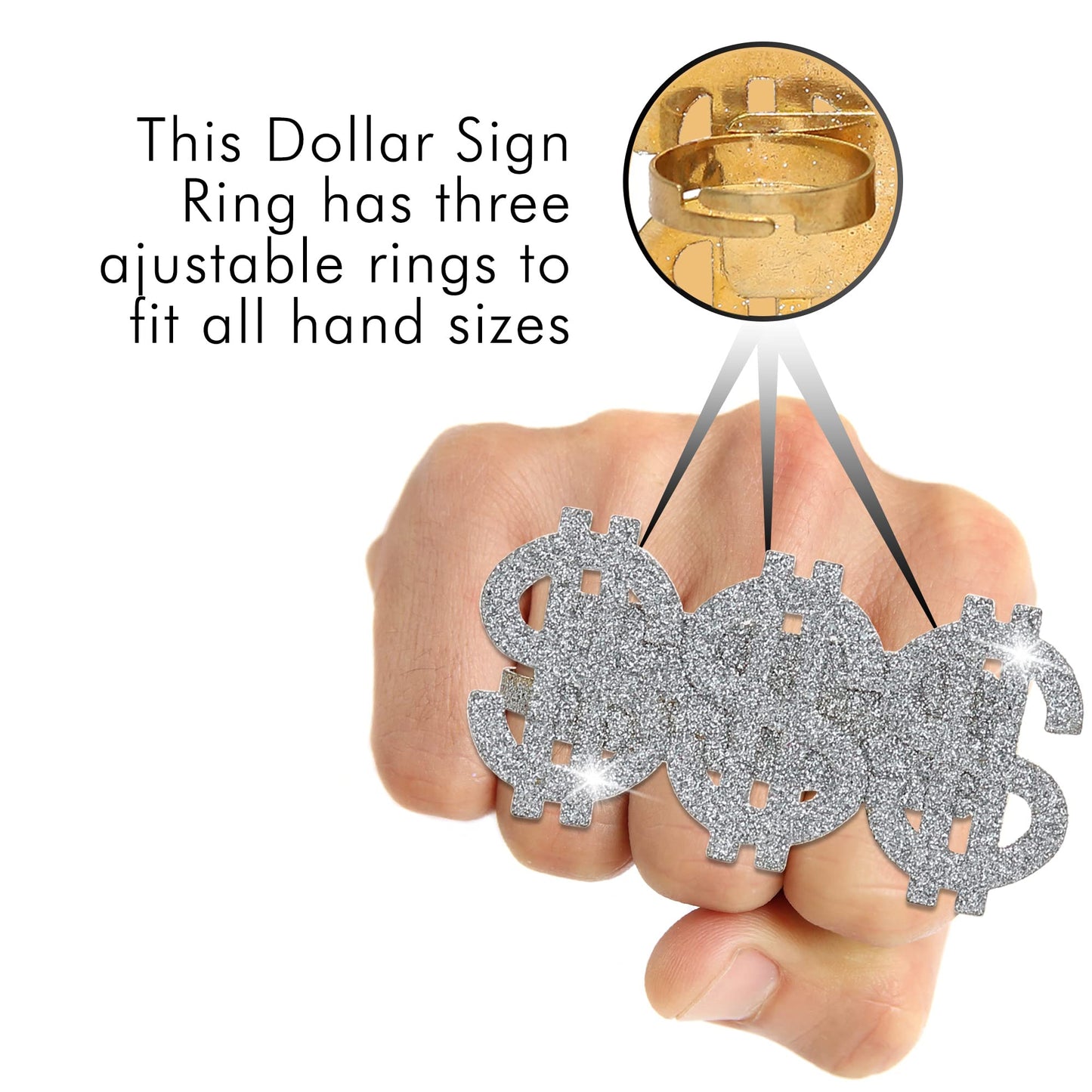 Skeleteen Dollar Sign Costume Ring – 3-Finger Gangster Ring (Adjustable)