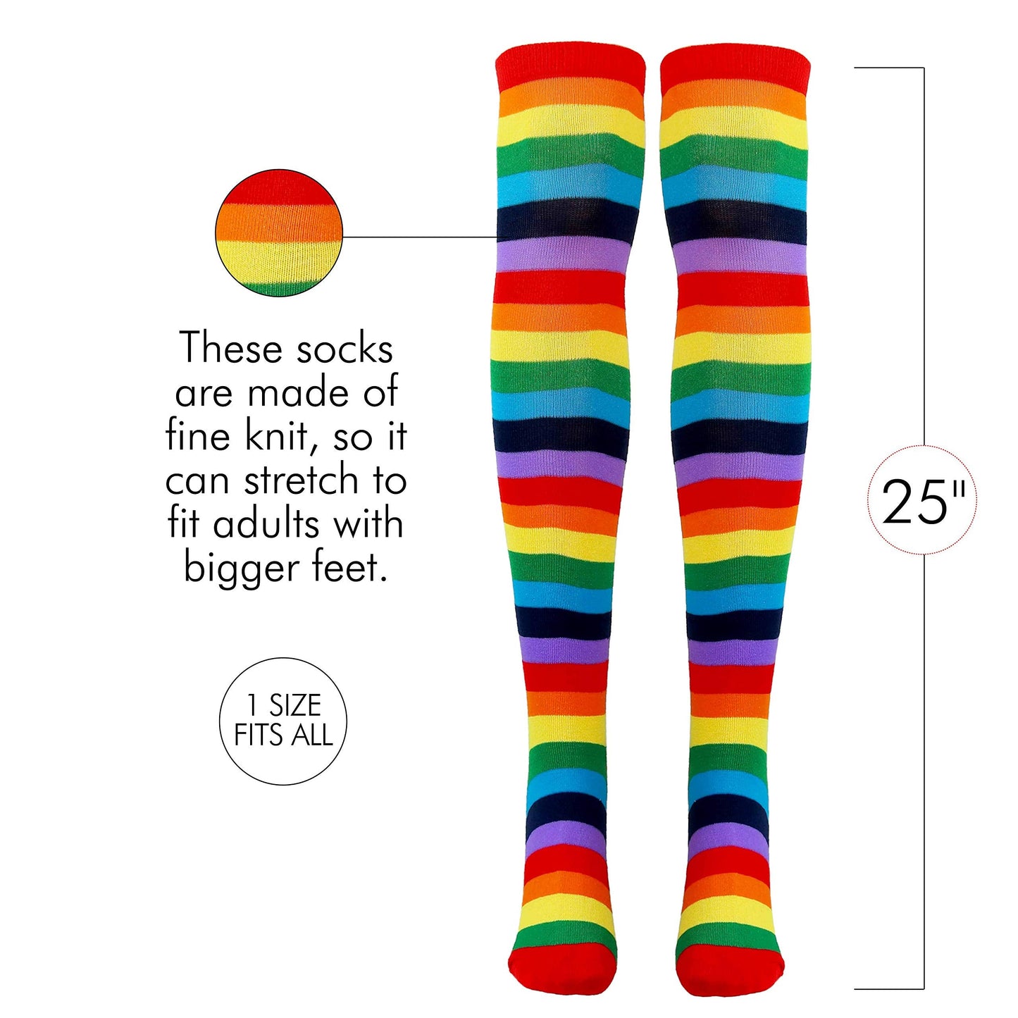 Skeleteen Colorful Rainbow Striped Over-the-Knee Socks | Clown Costume Stockings for All Ages