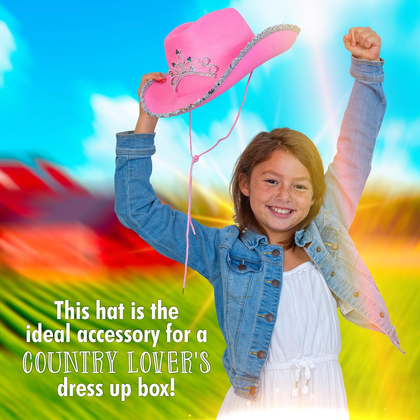 Skeleteen Pink Cowgirl Hat with Crown Tiara - Sequin Western Costume Headwear