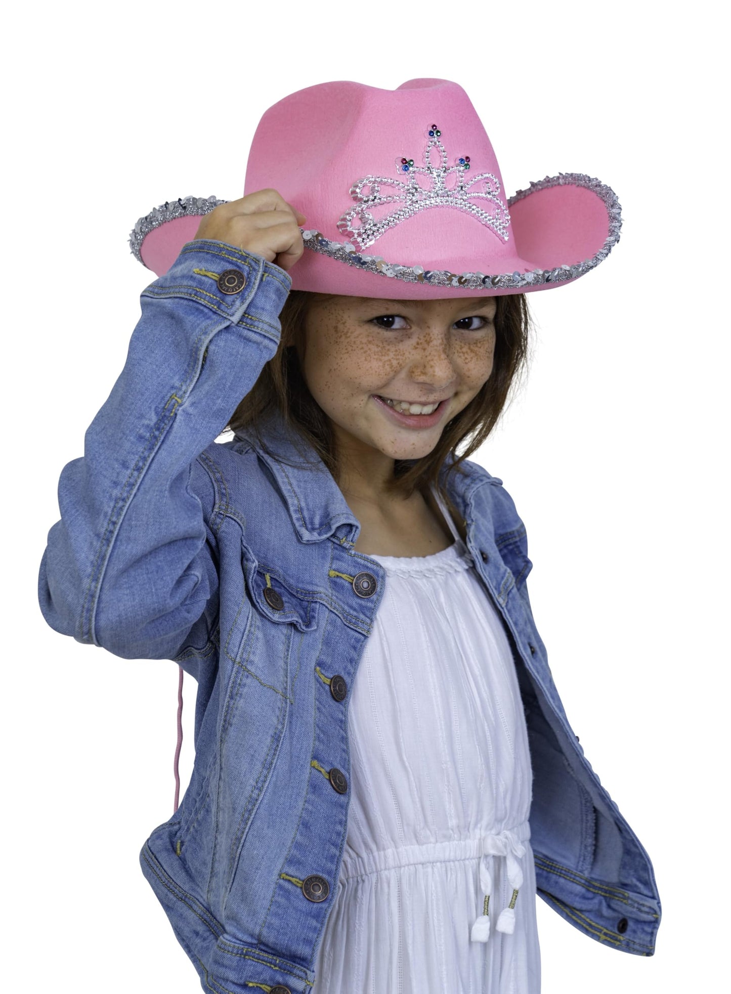 Skeleteen Pink Cowgirl Hat with Crown Tiara - Sequin Western Costume Headwear