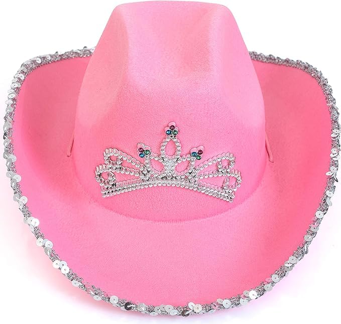 Skeleteen Pink Cowgirl Hat with Crown Tiara - Sequin Western Costume Headwear