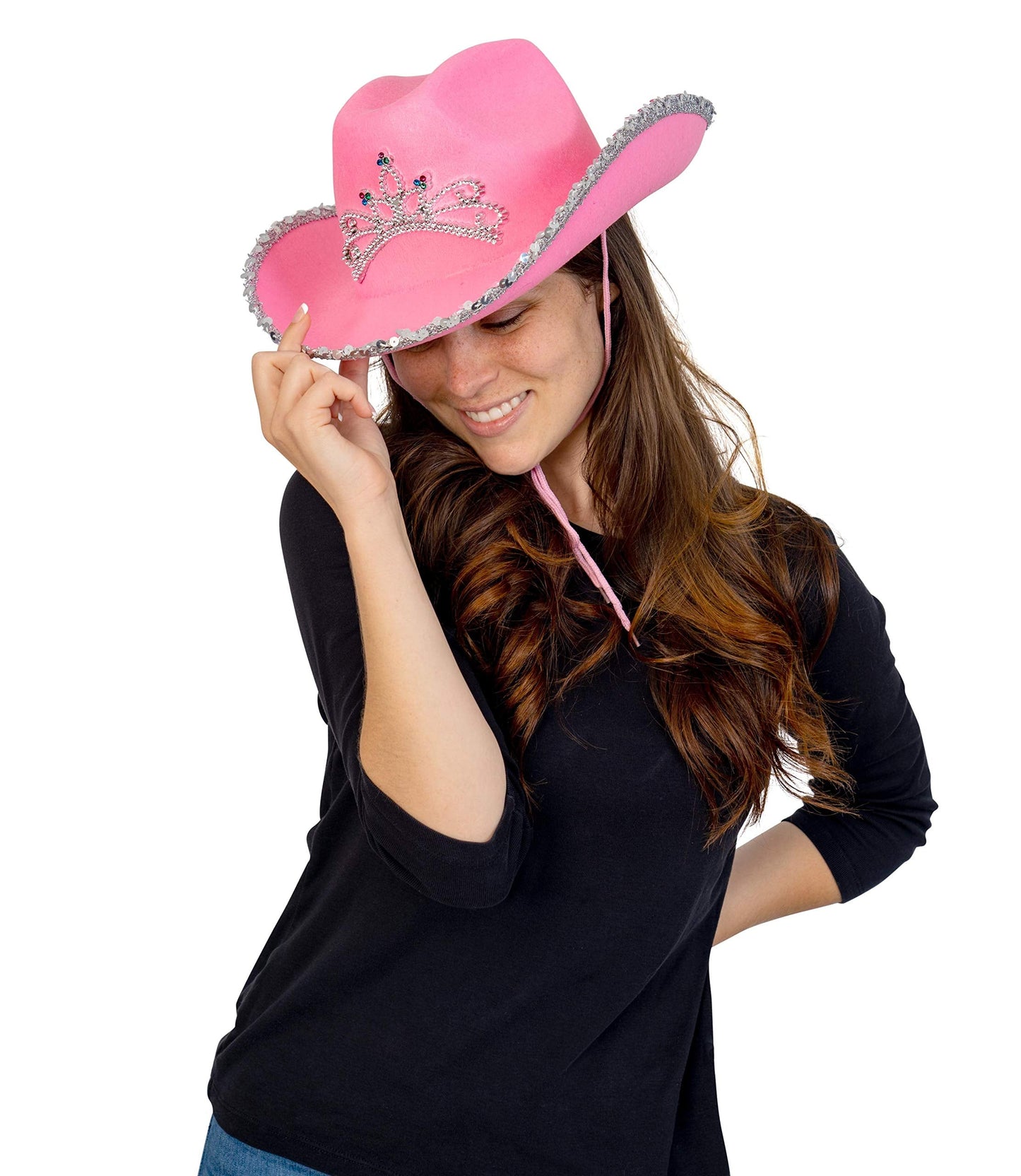 Skeleteen Pink Cowgirl Hat with Crown Tiara - Sequin Western Costume Headwear