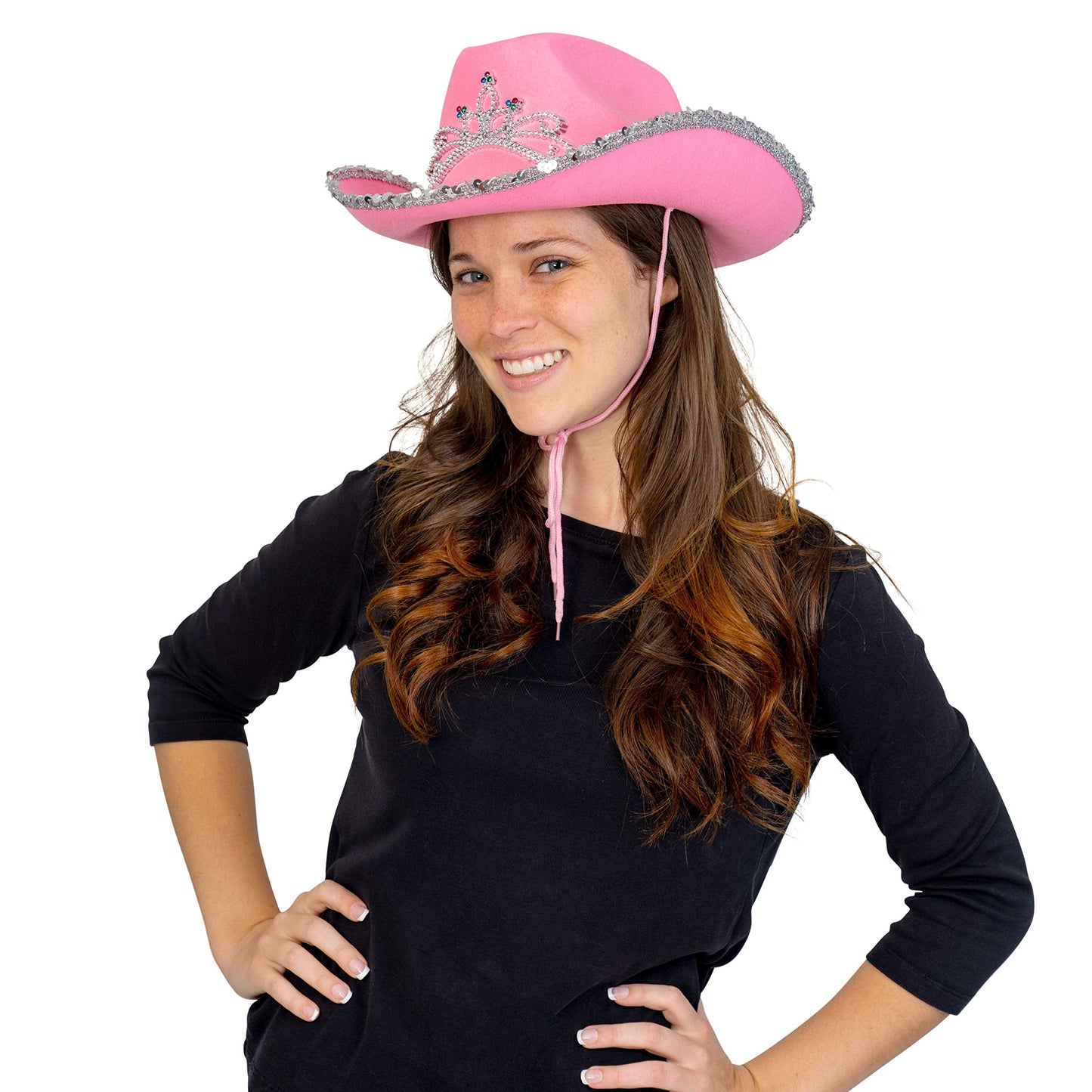 Skeleteen Pink Cowgirl Hat with Crown Tiara - Sequin Western Costume Headwear