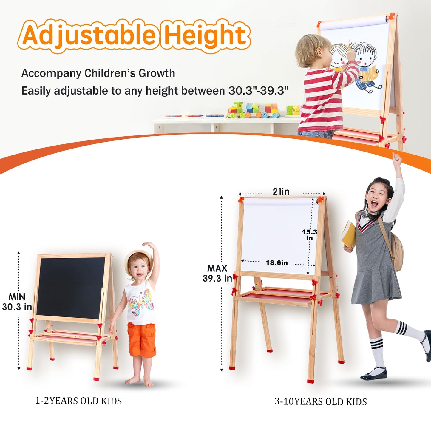 SketchNest Wooden Adjustable Easel for Kids – Dual-Sided, Foldable Paper Roll Easel with Accessories
