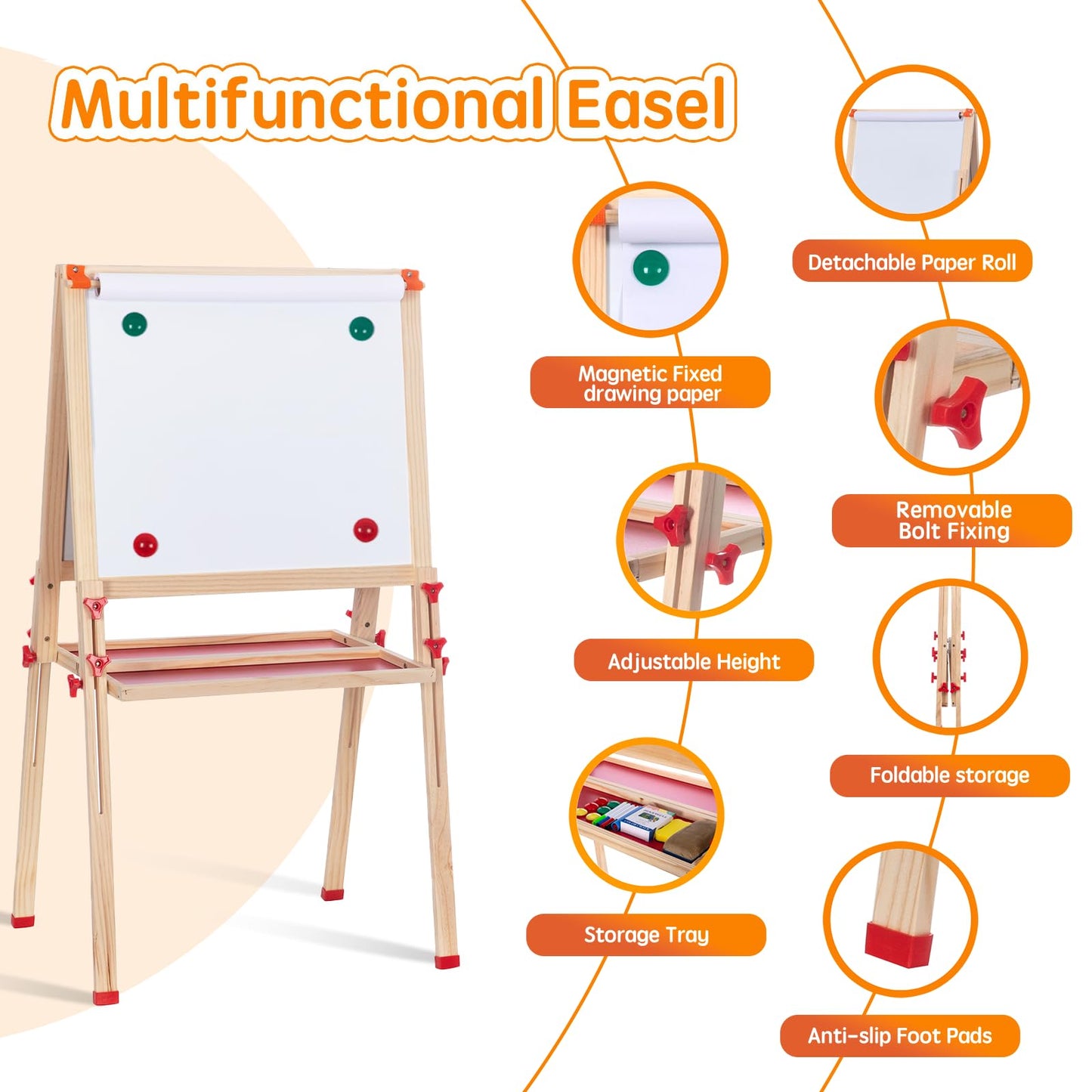 SketchNest Wooden Adjustable Easel for Kids – Dual-Sided, Foldable Paper Roll Easel with Accessories