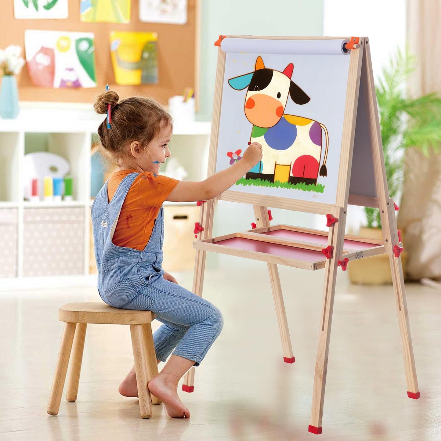 SketchNest Wooden Adjustable Easel for Kids – Dual-Sided, Foldable Paper Roll Easel with Accessories