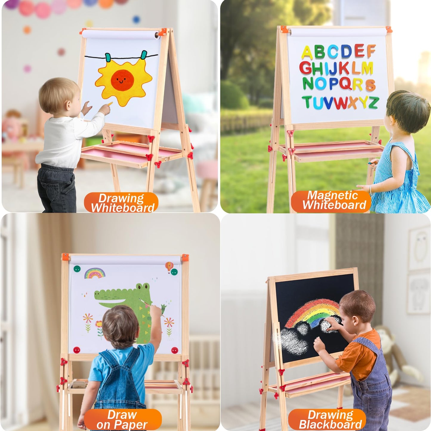 SketchNest Wooden Adjustable Easel for Kids – Dual-Sided, Foldable Paper Roll Easel with Accessories