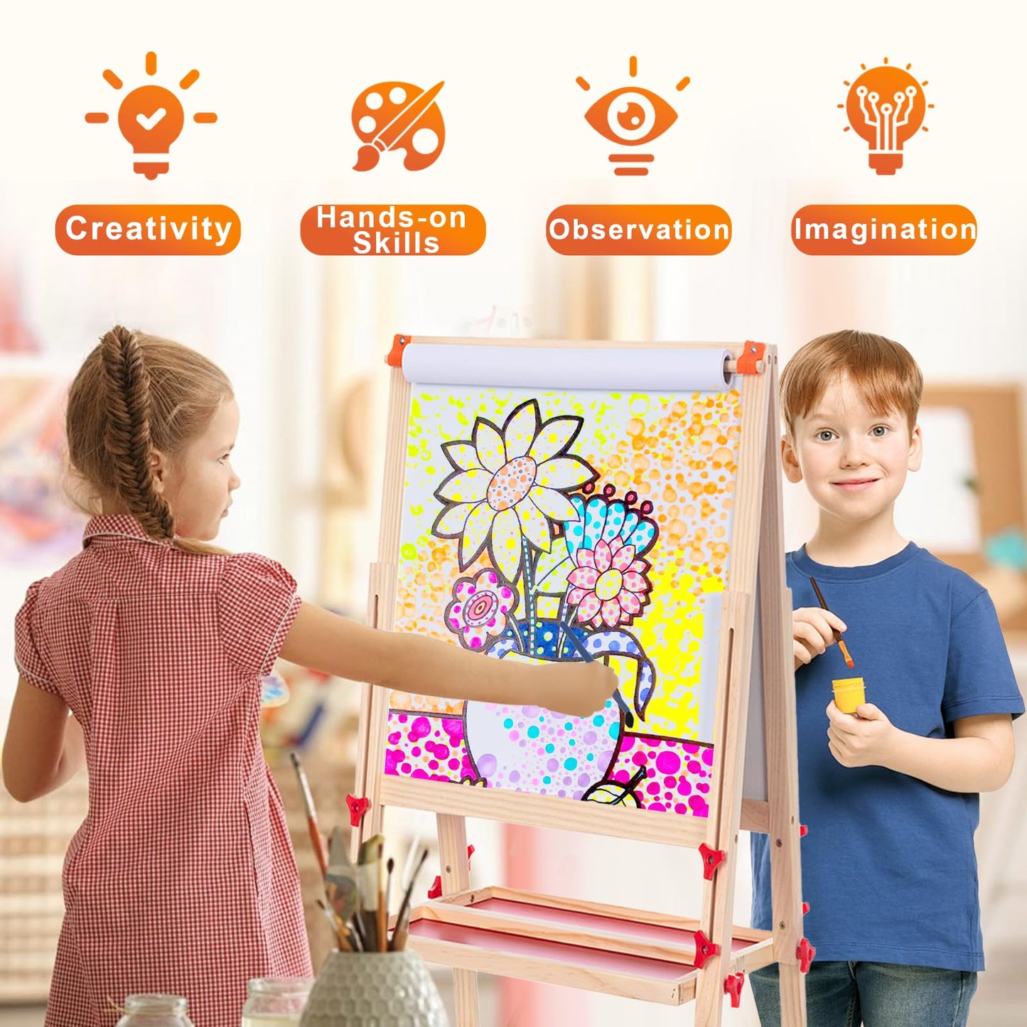 SketchNest Wooden Adjustable Easel for Kids – Dual-Sided, Foldable Paper Roll Easel with Accessories