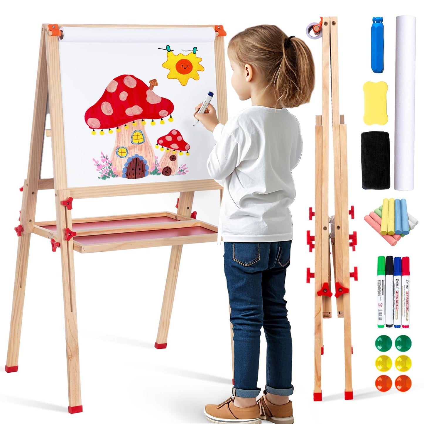 SketchNest Wooden Adjustable Easel for Kids – Dual-Sided, Foldable Paper Roll Easel with Accessories