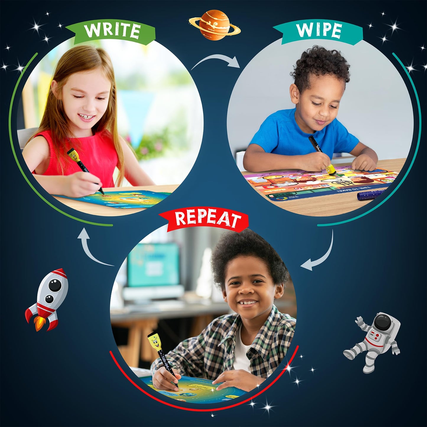 Skillmatics Space Explorers: Reusable Activity Mats for Ages 6-9 | 6 Mats + 2 Markers