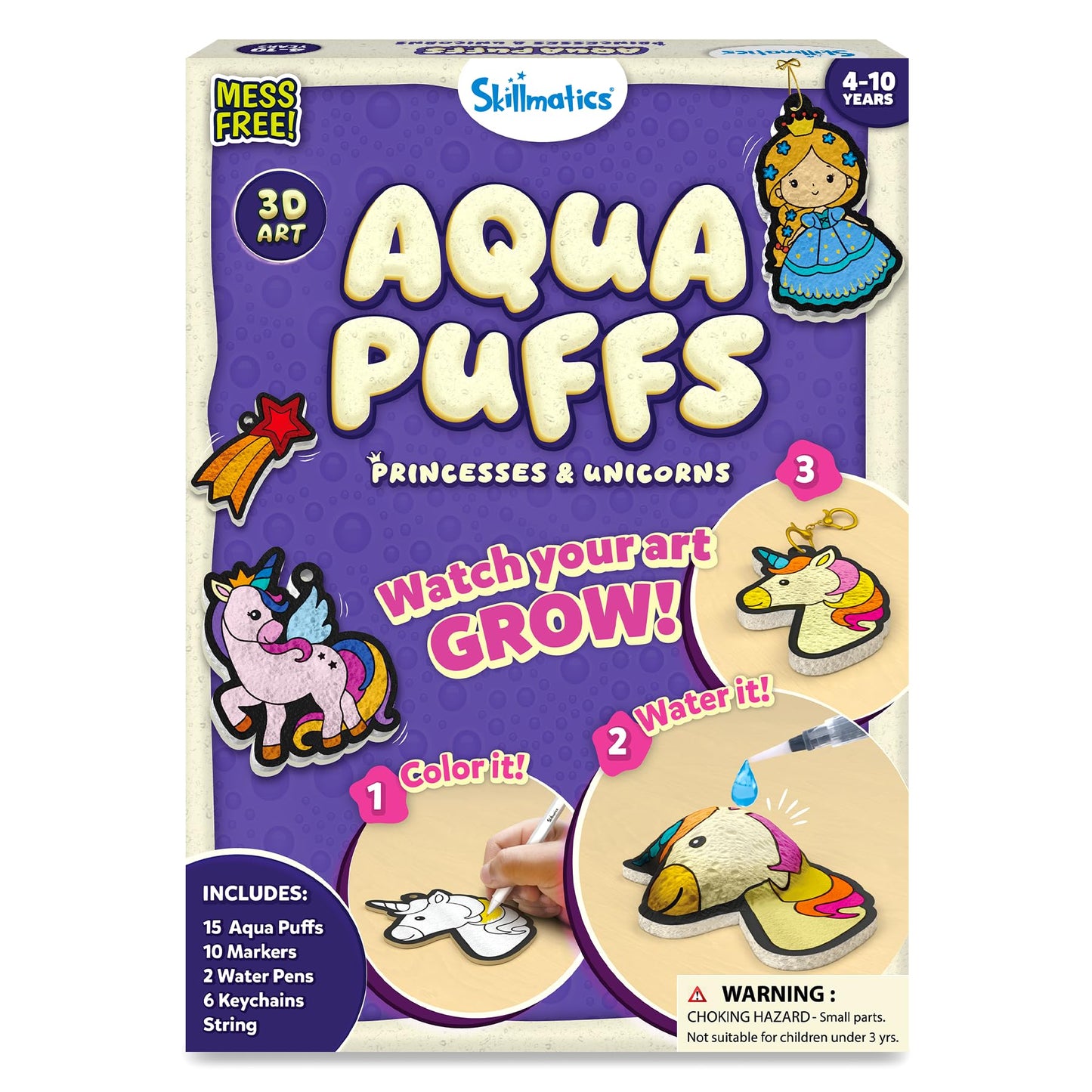 Skillmatics Aqua Puffs: 3D Puff Art Kit for Kids — Unicorns & Princesses, Mess-Free, Water-Activated Craft