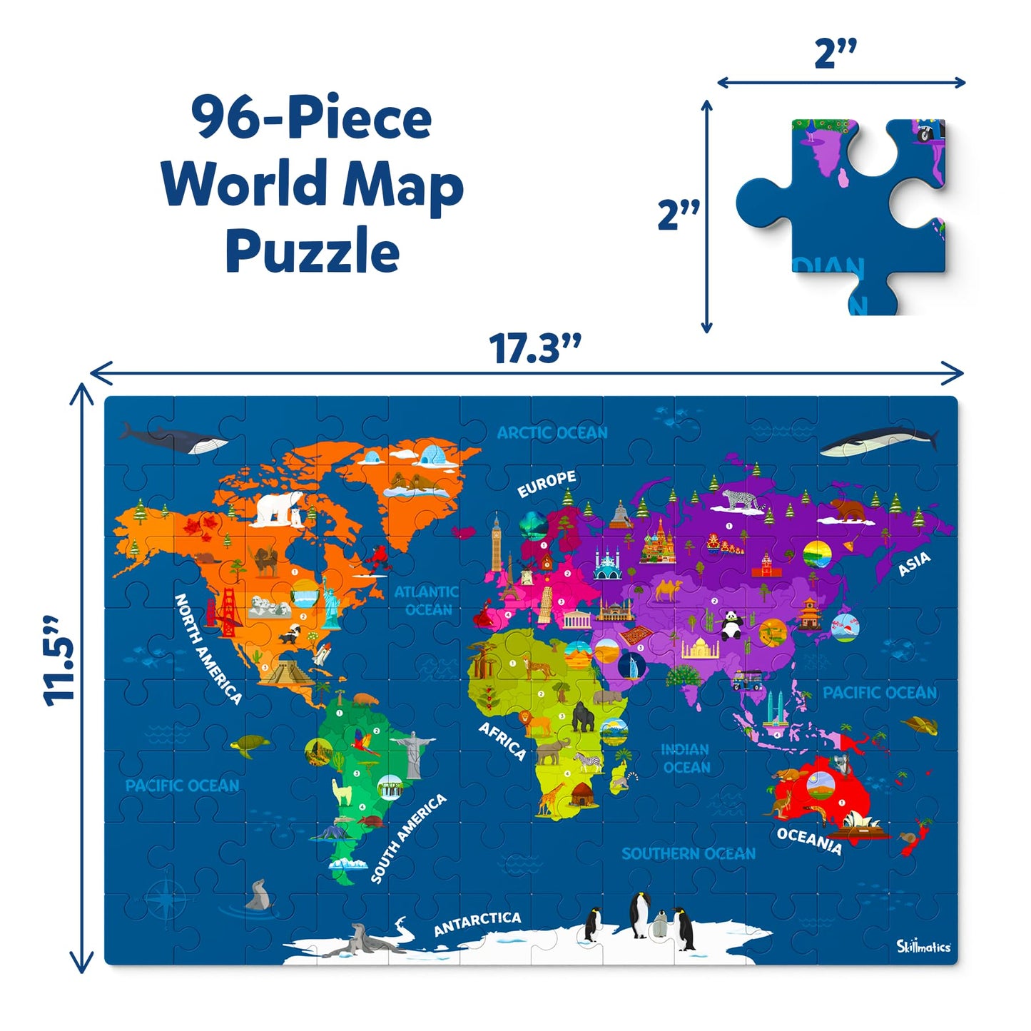 Skillmatics World Map Puzzle – 96-Piece Geography Puzzle with 400+ Facts for Kids 6–12