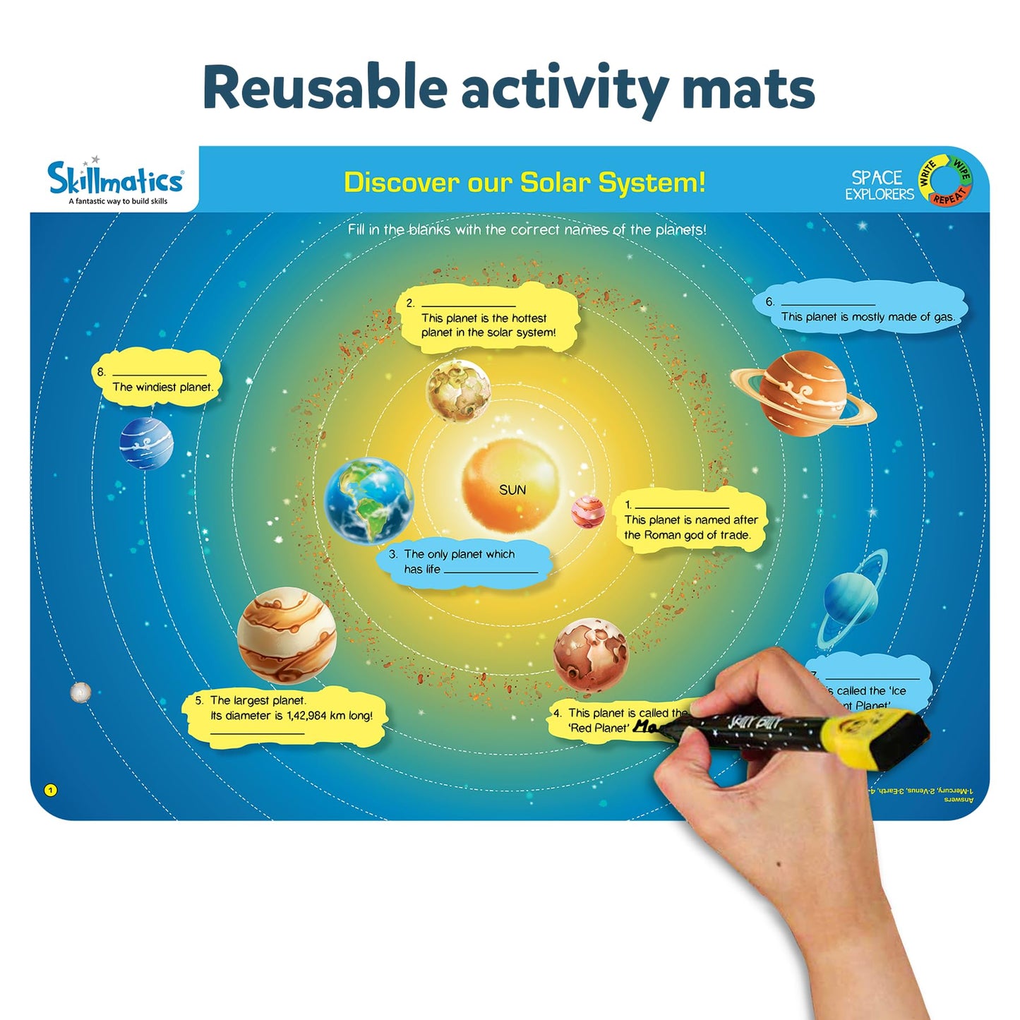 Skillmatics Space Explorers: Reusable Activity Mats for Ages 6-9 | 6 Mats + 2 Markers