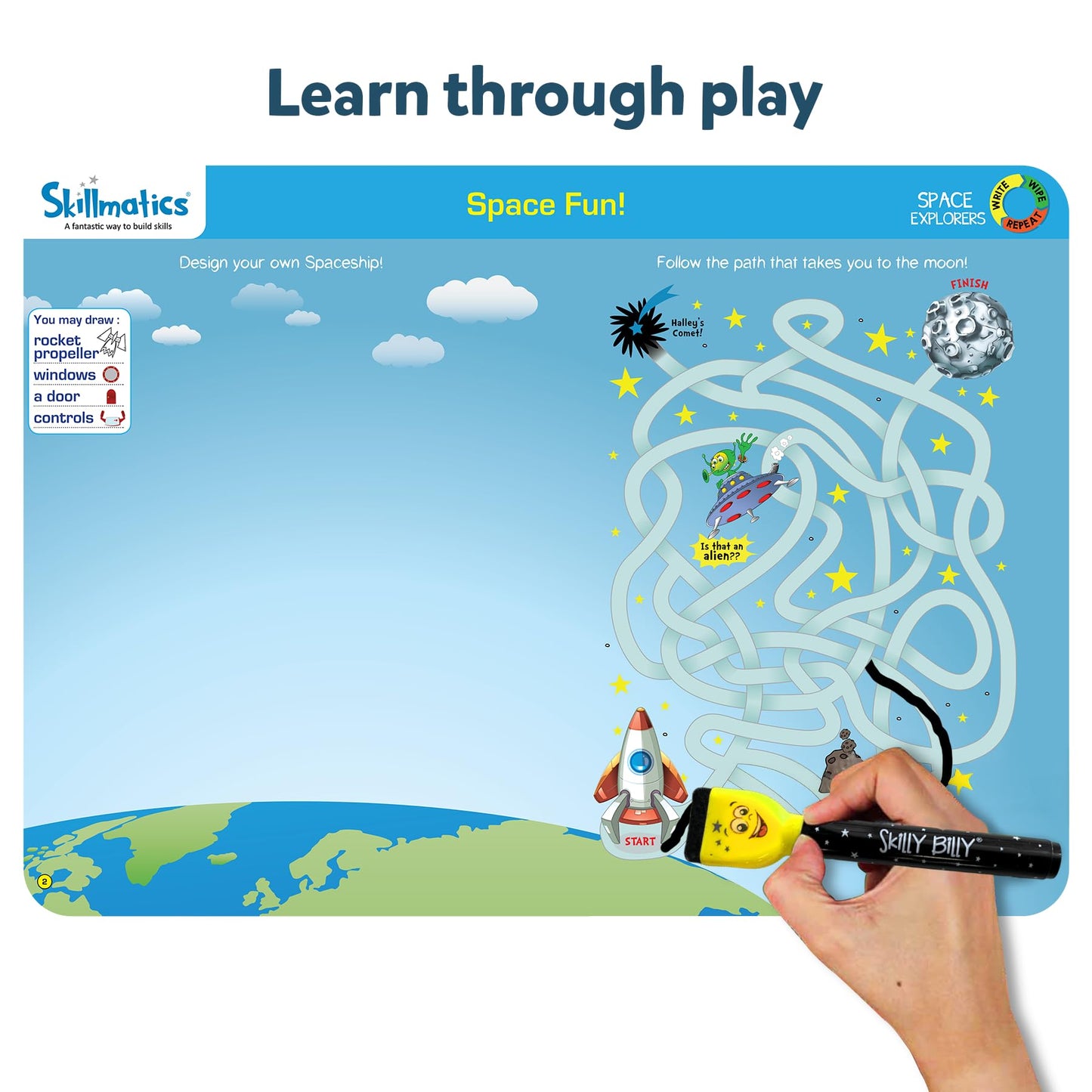 Skillmatics Space Explorers: Reusable Activity Mats for Ages 6-9 | 6 Mats + 2 Markers