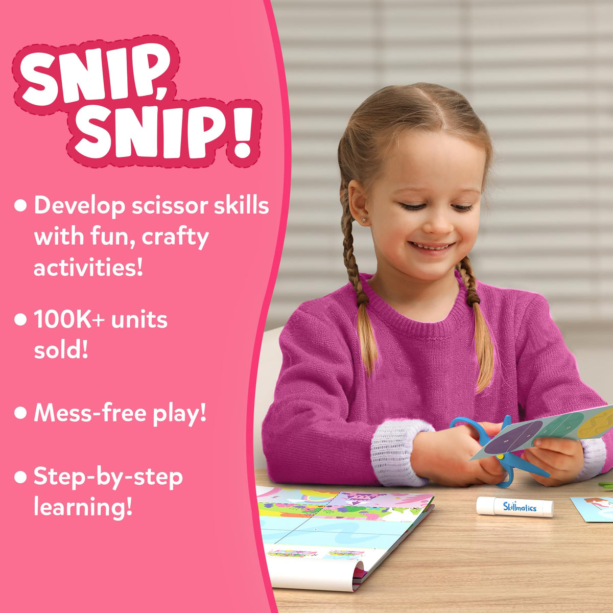Skillmatics Scissor Skills Activity Book: Snip Snip Unicorns & Princesses — 25 Cutting Activities, 2 Safety Scissors, Felt Craft Kit (Ages 3–7)