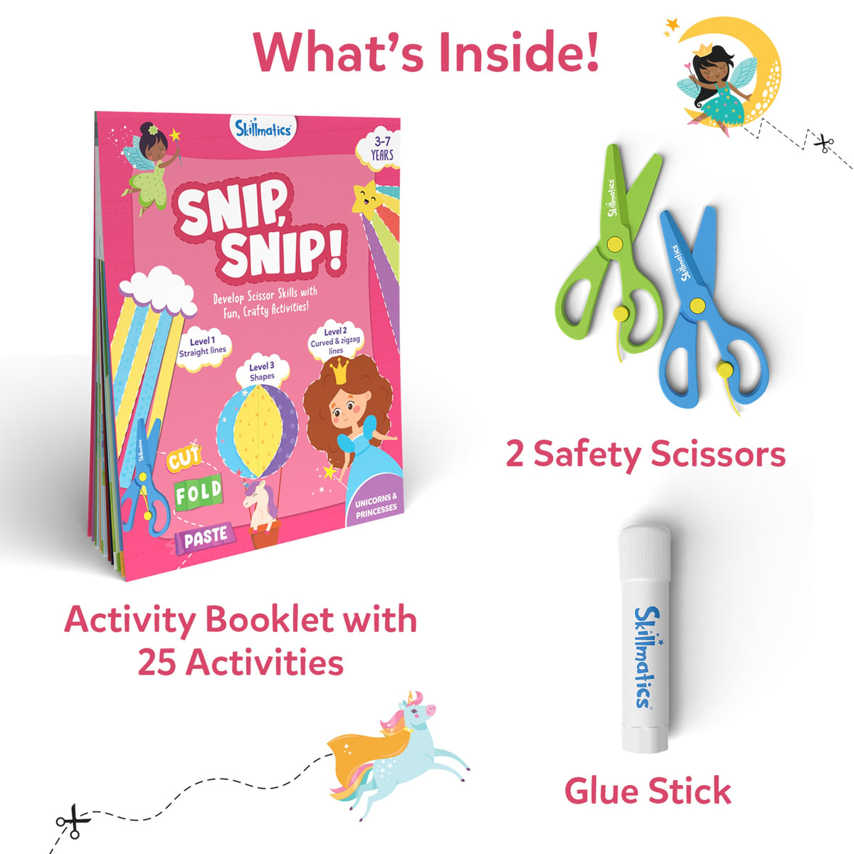 Skillmatics Scissor Skills Activity Book: Snip Snip Unicorns & Princesses — 25 Cutting Activities, 2 Safety Scissors, Felt Craft Kit (Ages 3–7)