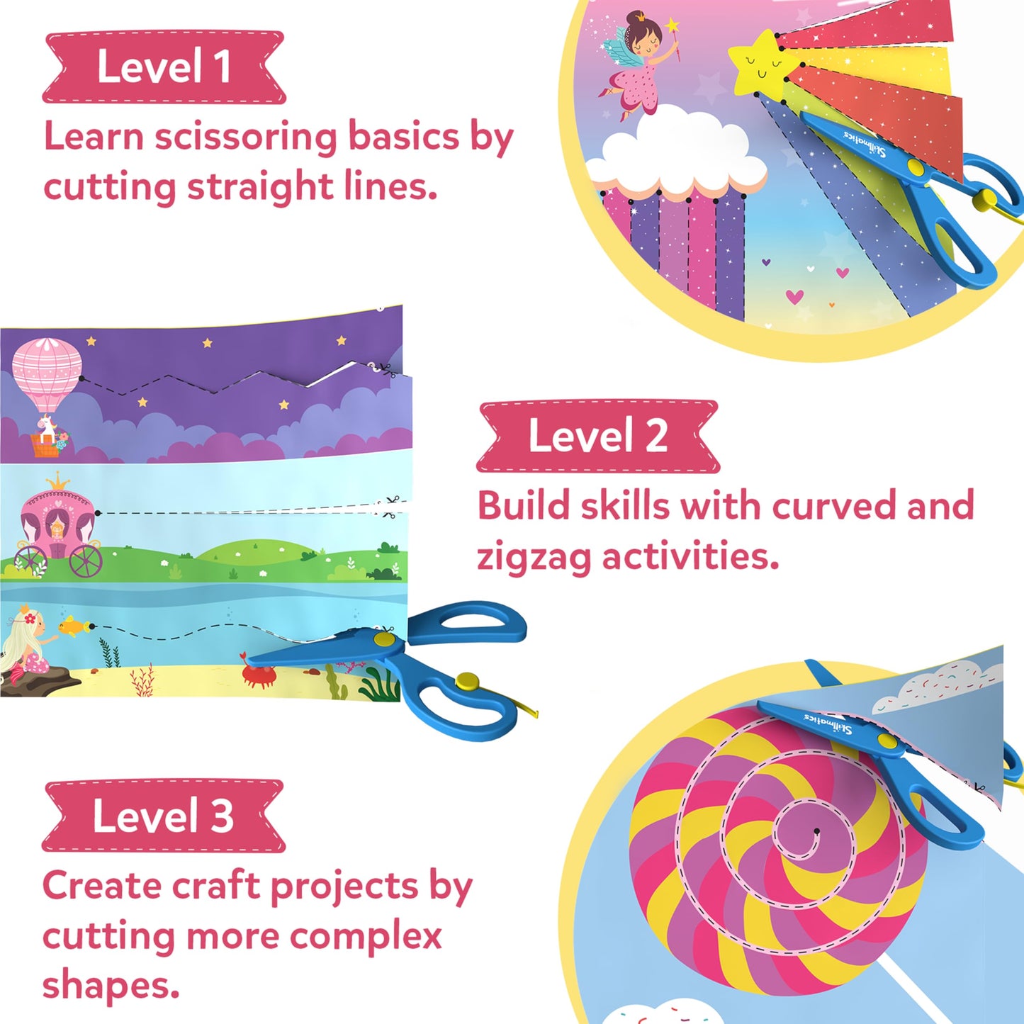 Skillmatics Scissor Skills Activity Book: Snip Snip Unicorns & Princesses — 25 Cutting Activities, 2 Safety Scissors, Felt Craft Kit (Ages 3–7)
