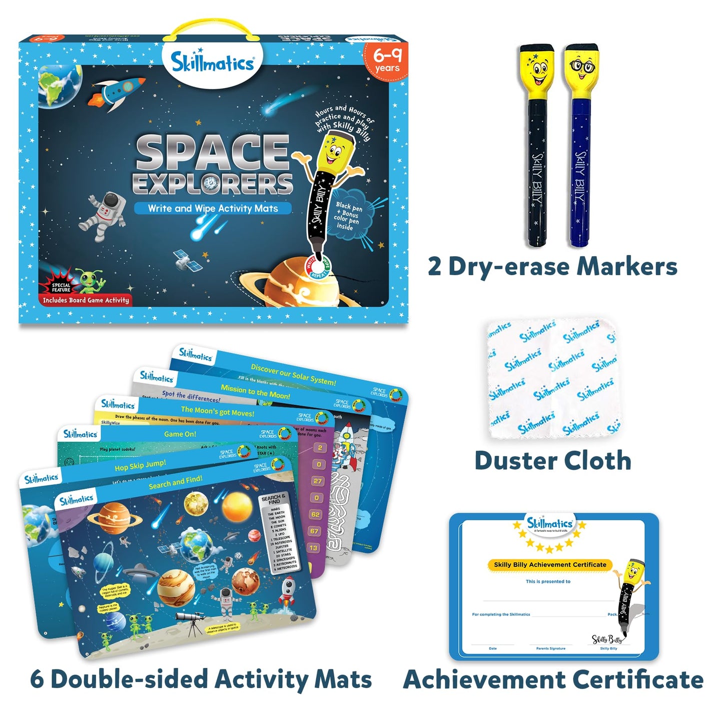 Skillmatics Space Explorers: Reusable Activity Mats for Ages 6-9 | 6 Mats + 2 Markers