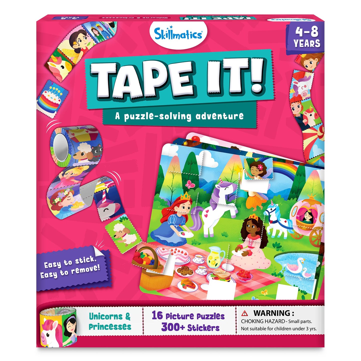 Skillmatics Tape It Puzzle Activity – Unicorn & Princess Sticker Puzzles, 300+ Easy-Tear Stickers