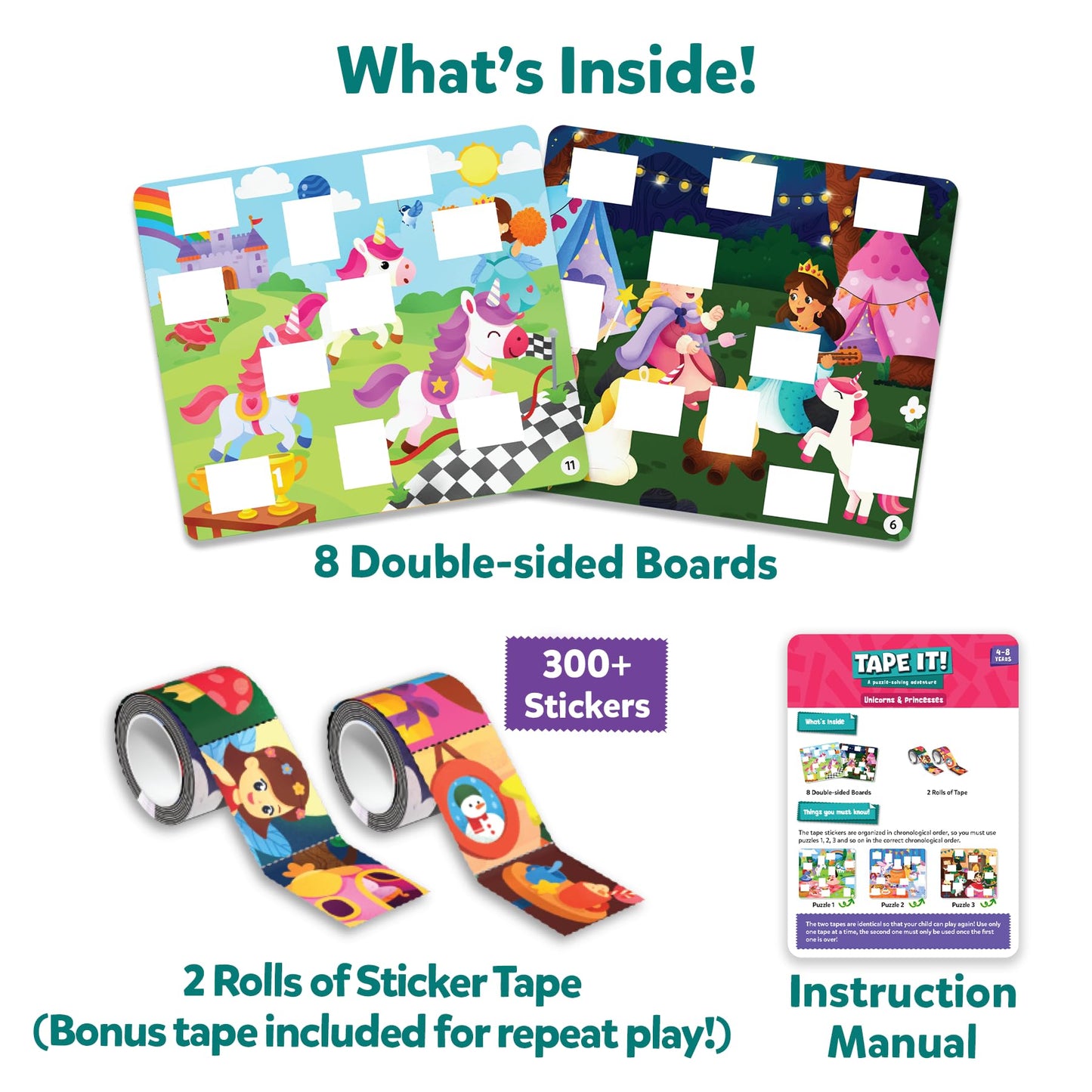 Skillmatics Tape It Puzzle Activity – Unicorn & Princess Sticker Puzzles, 300+ Easy-Tear Stickers