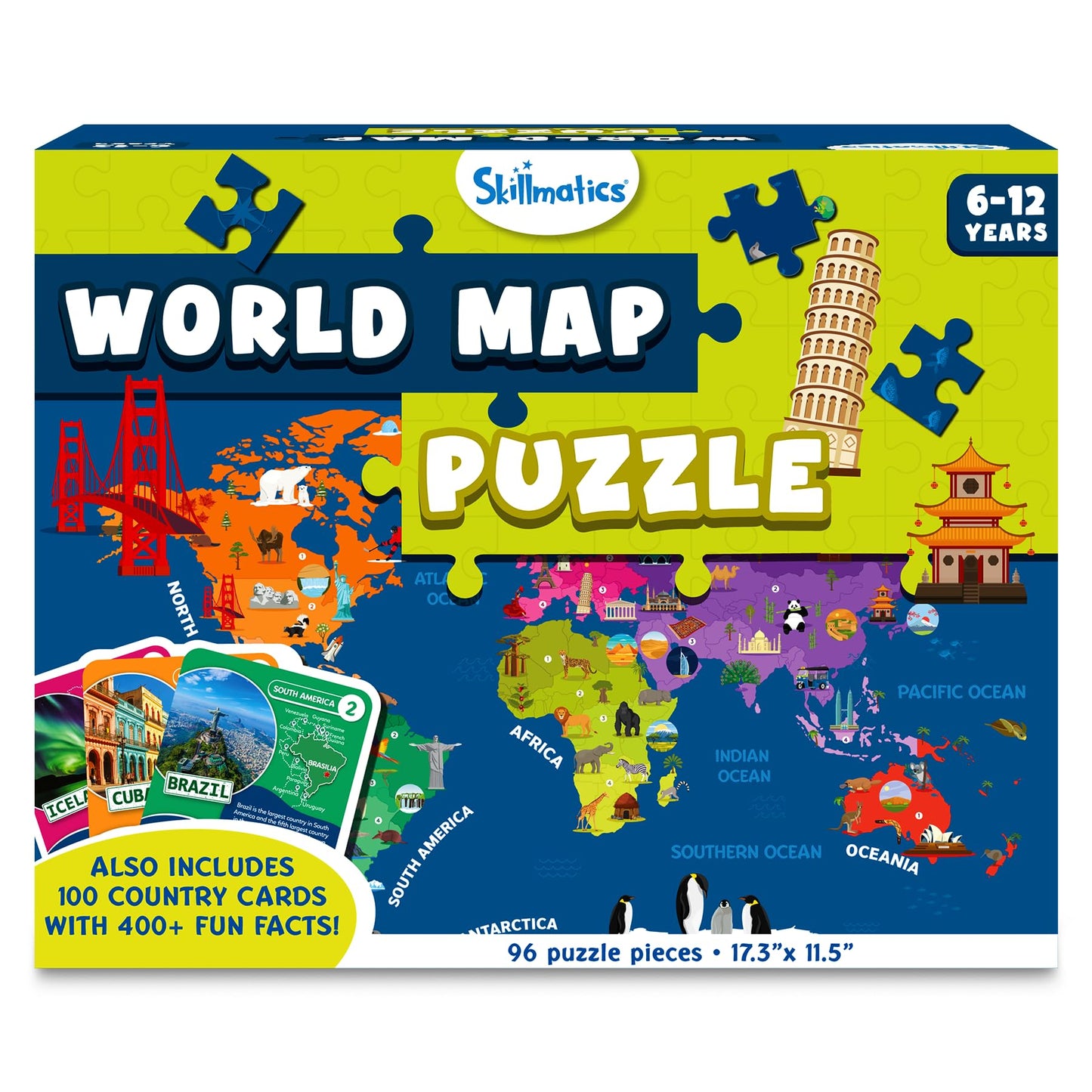 Skillmatics World Map Puzzle – 96-Piece Geography Puzzle with 400+ Facts for Kids 6–12