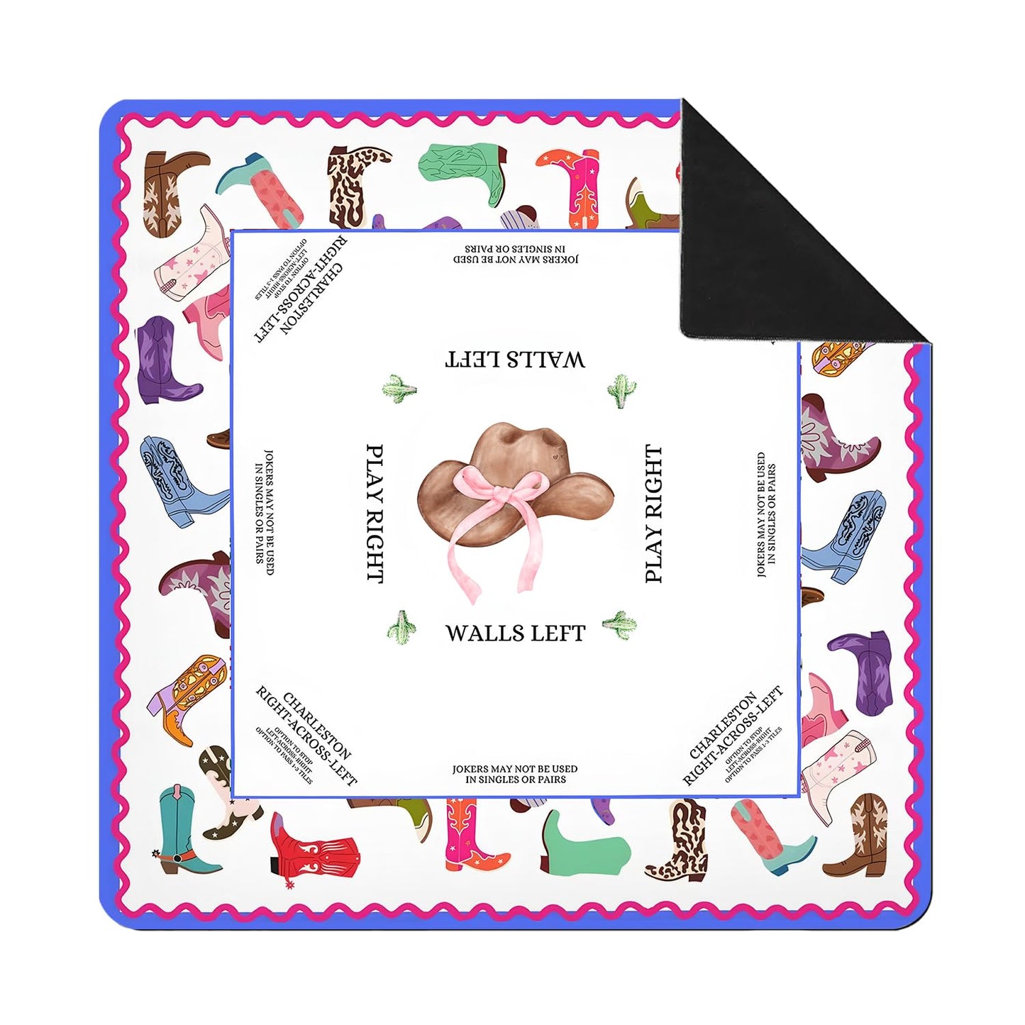SkipTiger Western Cowboy Mahjong Mat – 31.5 x 31.5 in, Pink Bow Cowgirl Hat & Boots, Non-Slip